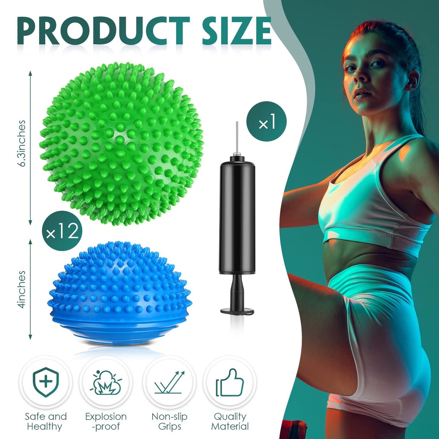 Hungdao 12 Pack Balance Pods Stability Balance Trainer Dots with Needle Pump Half Spiky Fitness Ball Domes for Men Women Stability Training, Physical Therapy, Core Strength Gymnastics Home Exercise