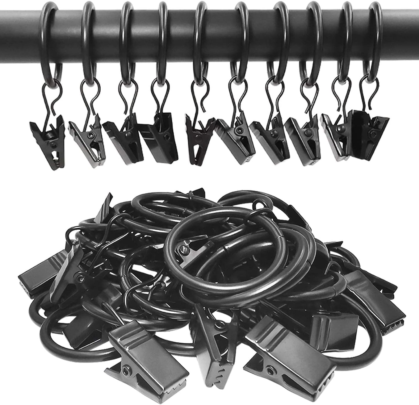 Skiennix 44 Pack Metal Curtain Rings - Durable Drapery Clips with 1-Inch Inner Diameter, Black
