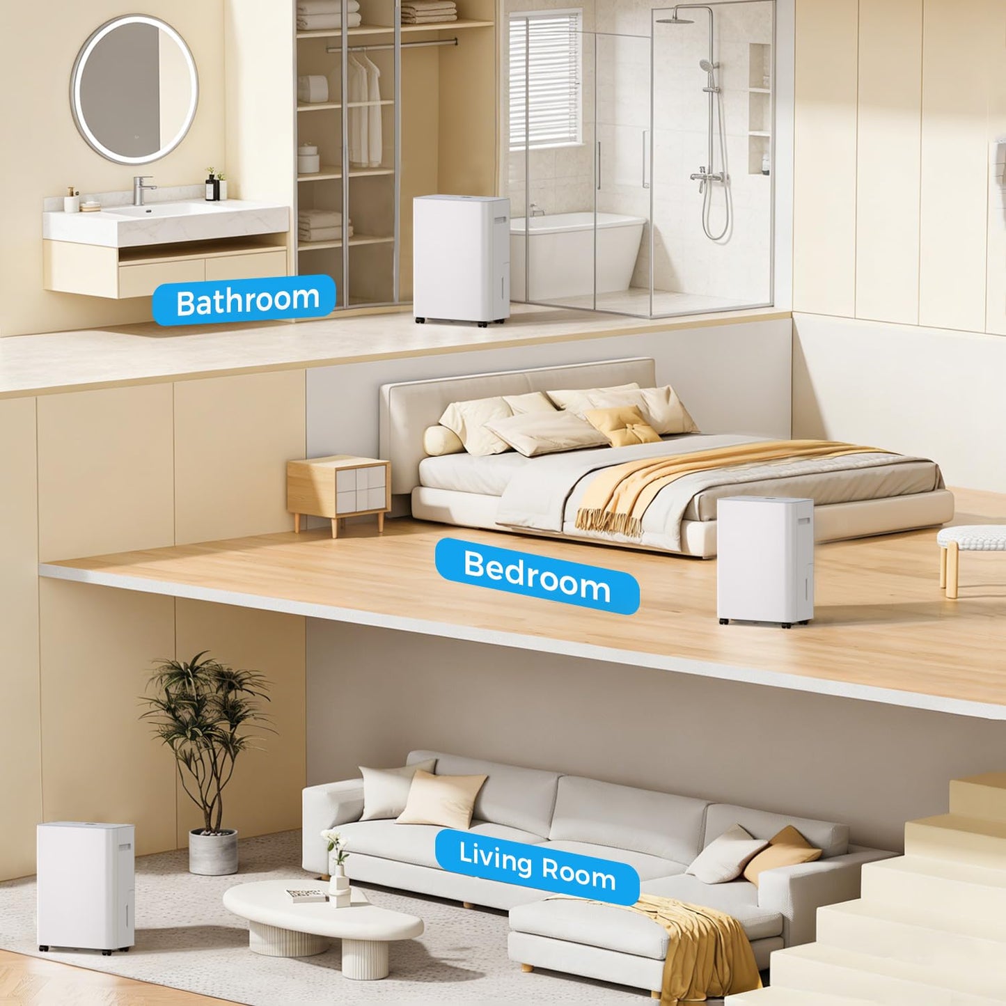 2500 sq.ft Dehumidifier for Home and Basement,Max 34 Pints Dehumidifier with Drain Hose,Ultra Quiet with Auto Defrost,Three Modes,Intelligent Dehumidifier for Bedroom,Bathroom,Large Room(Cream)