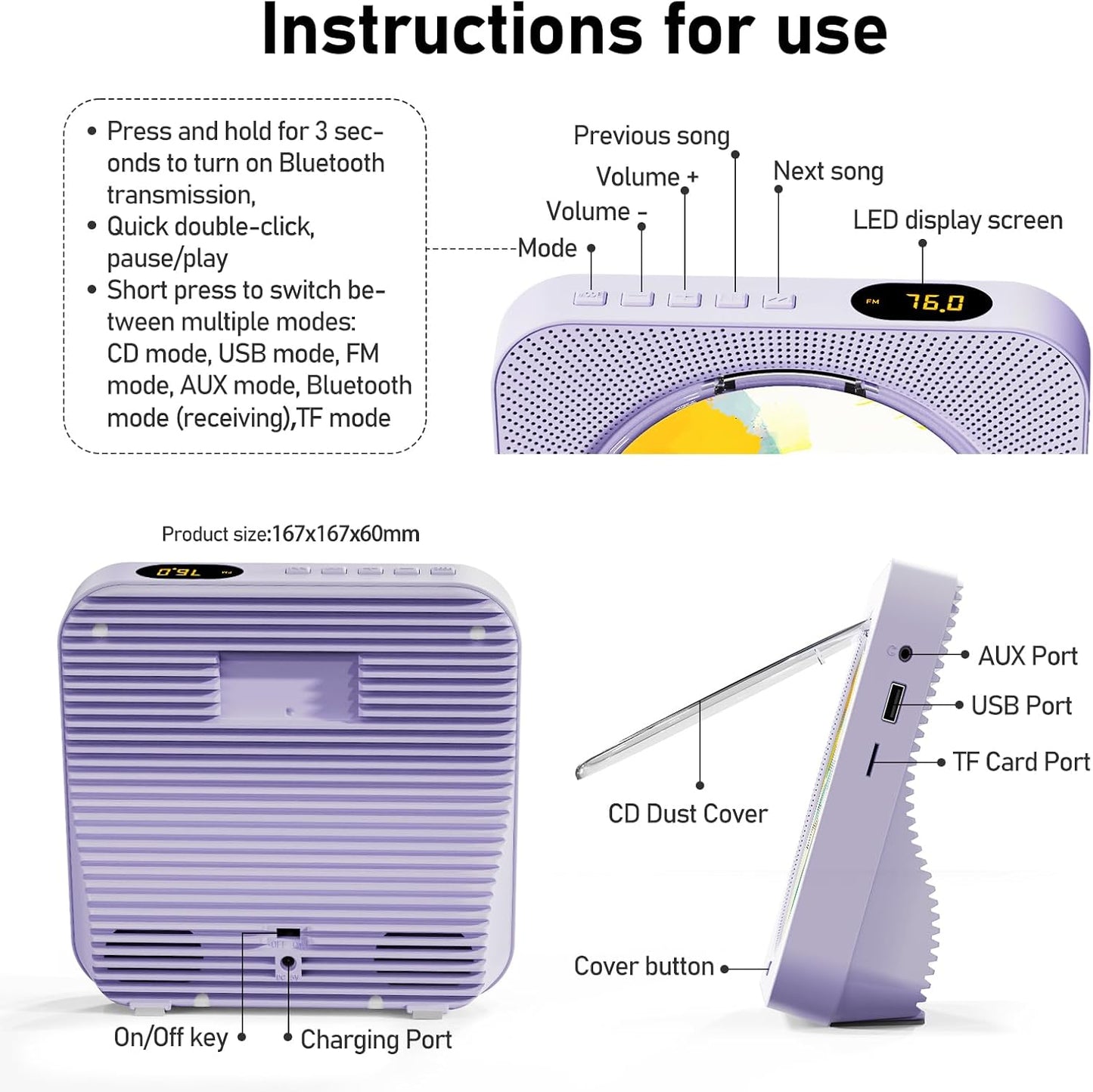 ZYOKATA 5.1 CD Player Portable Bluetooth Desktop CD Player with HiFi Sound Speakers,Remote Control,Dust Cover,LED