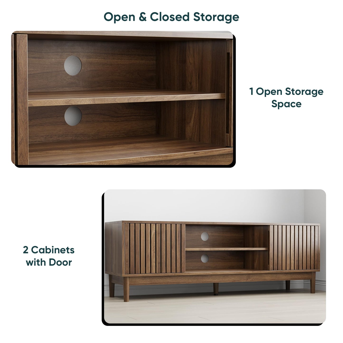 KEIKI 55" Mid-Century Modern TV Stand for 55–65 Inch TVs, Wood Entertainment Center with Slatted Doors, Storage Console with Cable Management for Living Room, Bedroom (Oak)