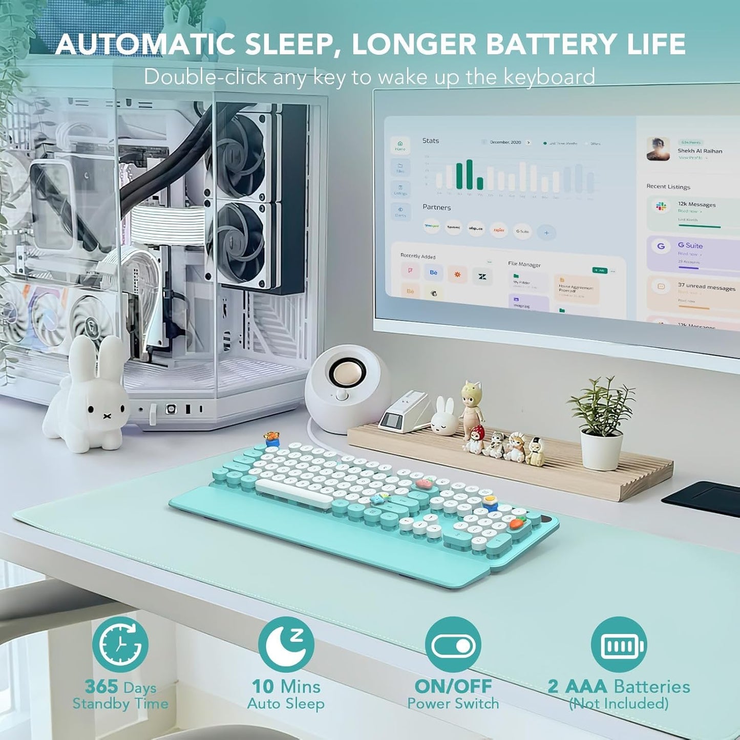 SABLUTE 2.4GHz Wireless Keyboard, Round Keycaps, Retro Typewriter Keyboard with Detachable Wrist Rest, Sleep Mode