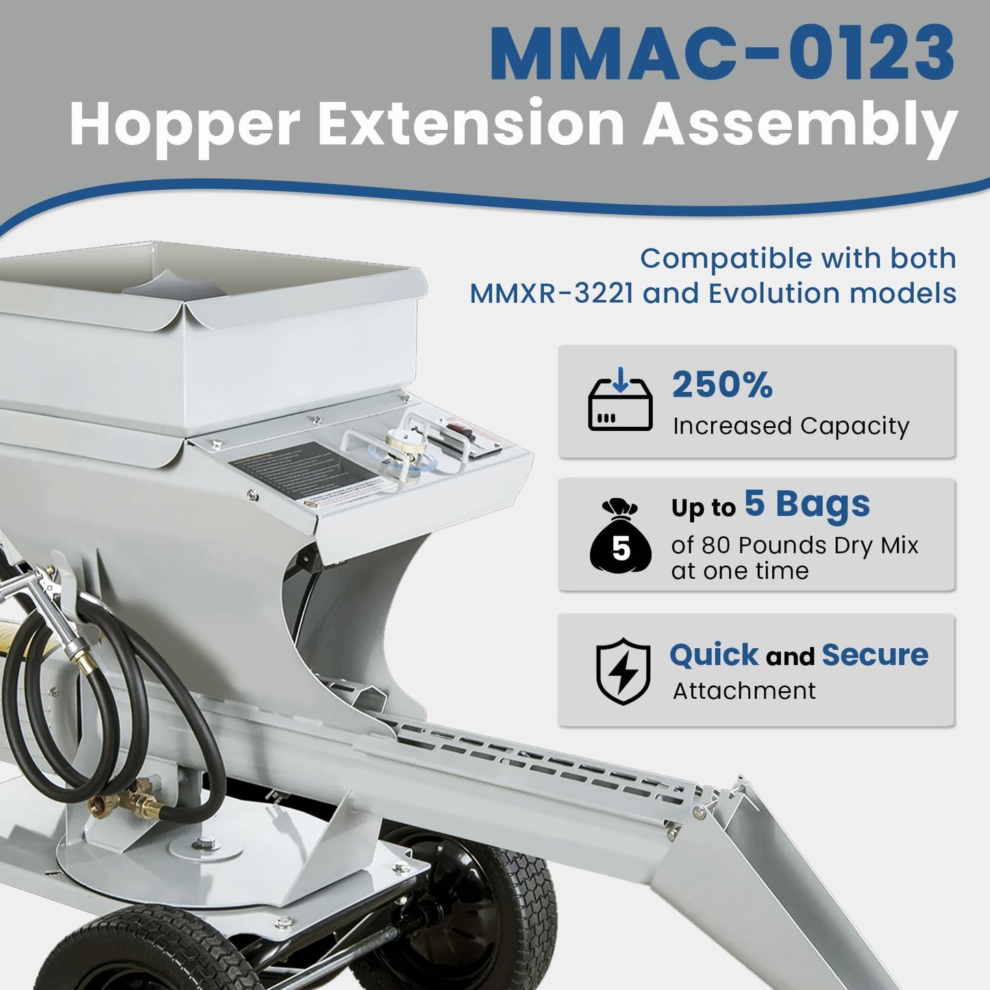 Upgraded MMAC-0123 Hopper Extension Compatible with Both Mud Mixer MMXR-3221 and Evolution Models, 250% More Dry Mix Capacity can Hold Approximately 5 Bags of 80 Pound Dry Mix at One Time