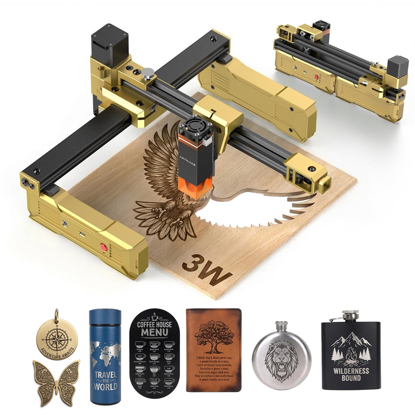 Artilume T1 Foldable Laser Engraver, 3000mW Portable Engraving Machine with 0.01mm Accuracy, 200x150mm Working Area for Wood, Leather, Acrylic, Coated Metal - Ideal for DIY & Small Business