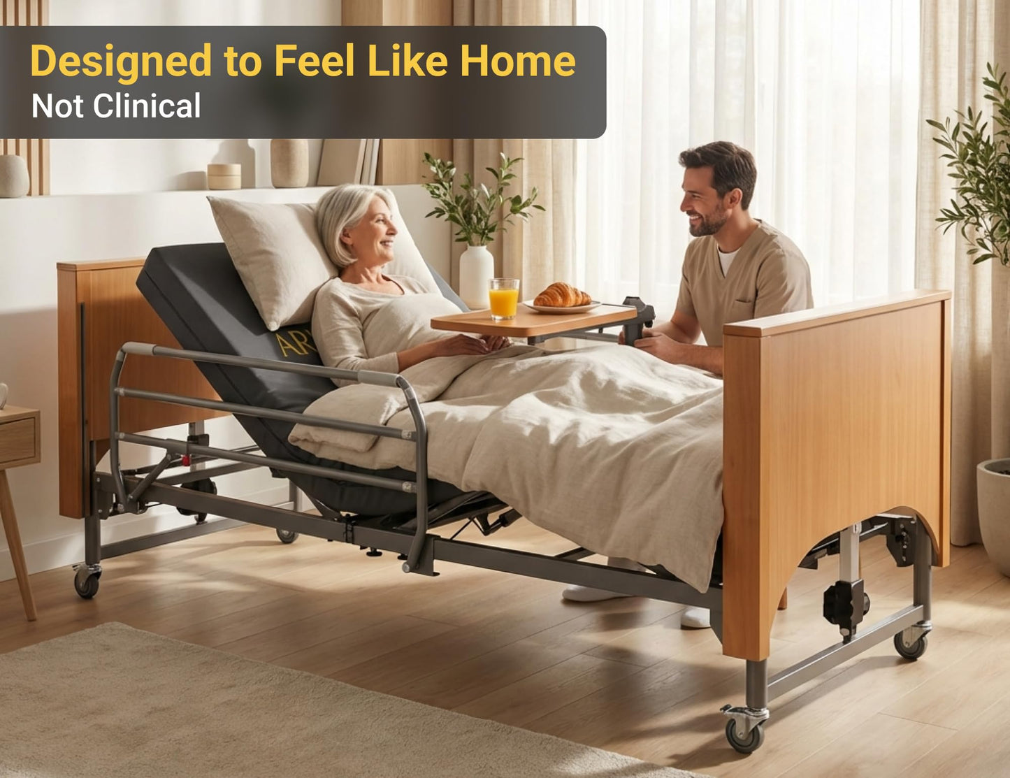 ARMONYO Electric Hospital Bed for Home Use – 5 Functions, Advanced German LIMOSS Motor, Ultra-Low 8.5"–25" Adjustable Height, Double Solid Wood Panels with Medical Overbed Table & Foldable Rails