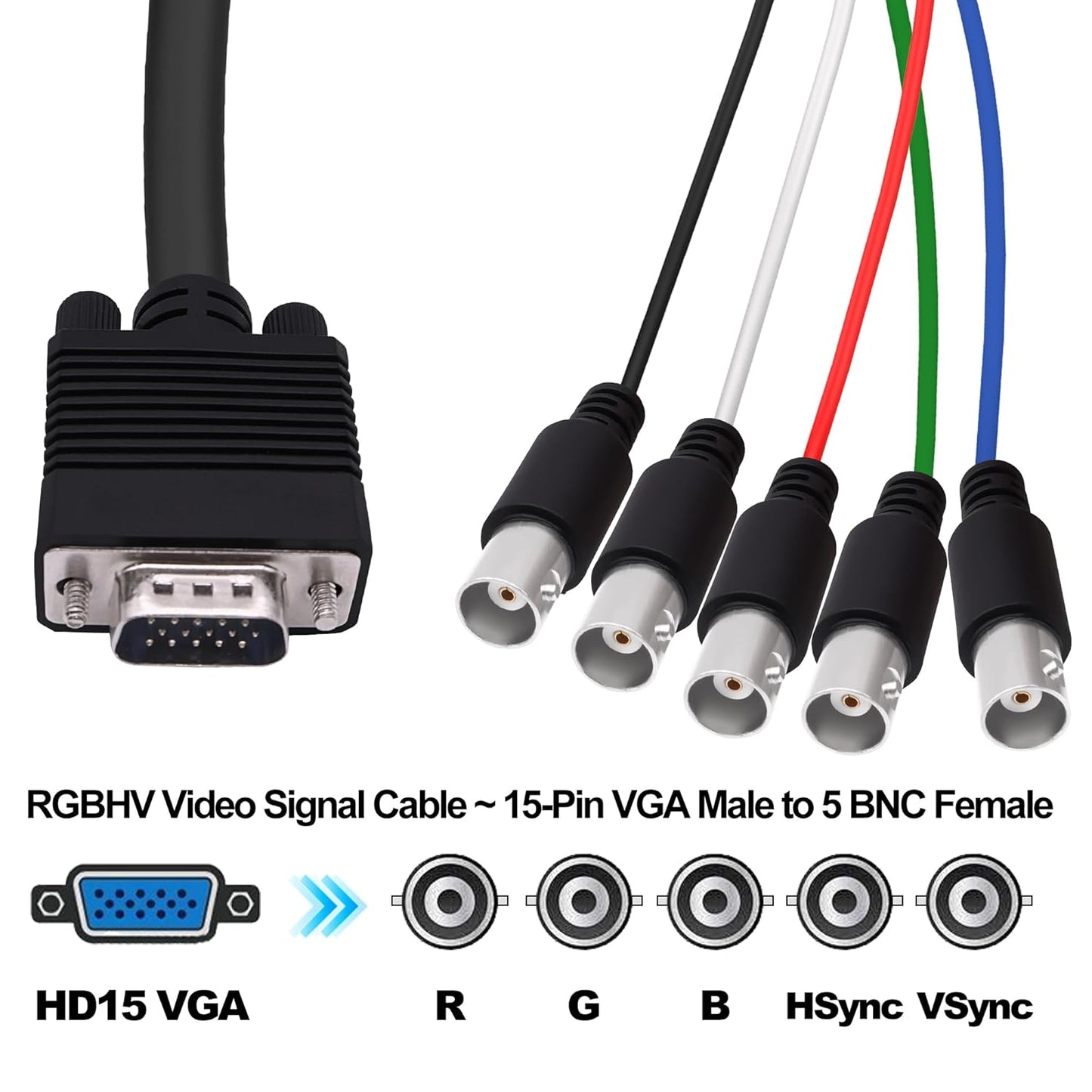 CybNemo 5BNC 15 5 -1.5M/5FT VGA to Video Signal Cable HD VGA Male to BNC Female RGBHV Coaxial Monitor Breakout Cord