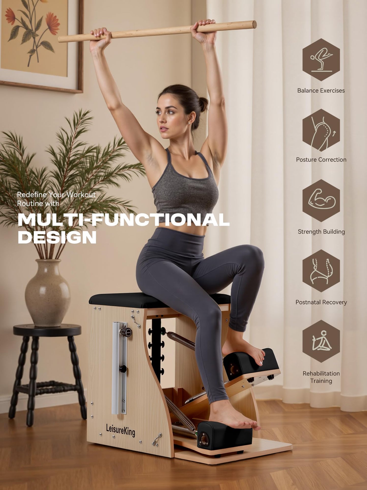 LeisureKing Pilates Combo Chair for Home Workouts, Wunda Chair with 5-Level Handles, Split Pedals, Resistance Bands, for Studio, Gym, Pilates Workout, Rehabilitation Exercises, Easy Assembly, Black