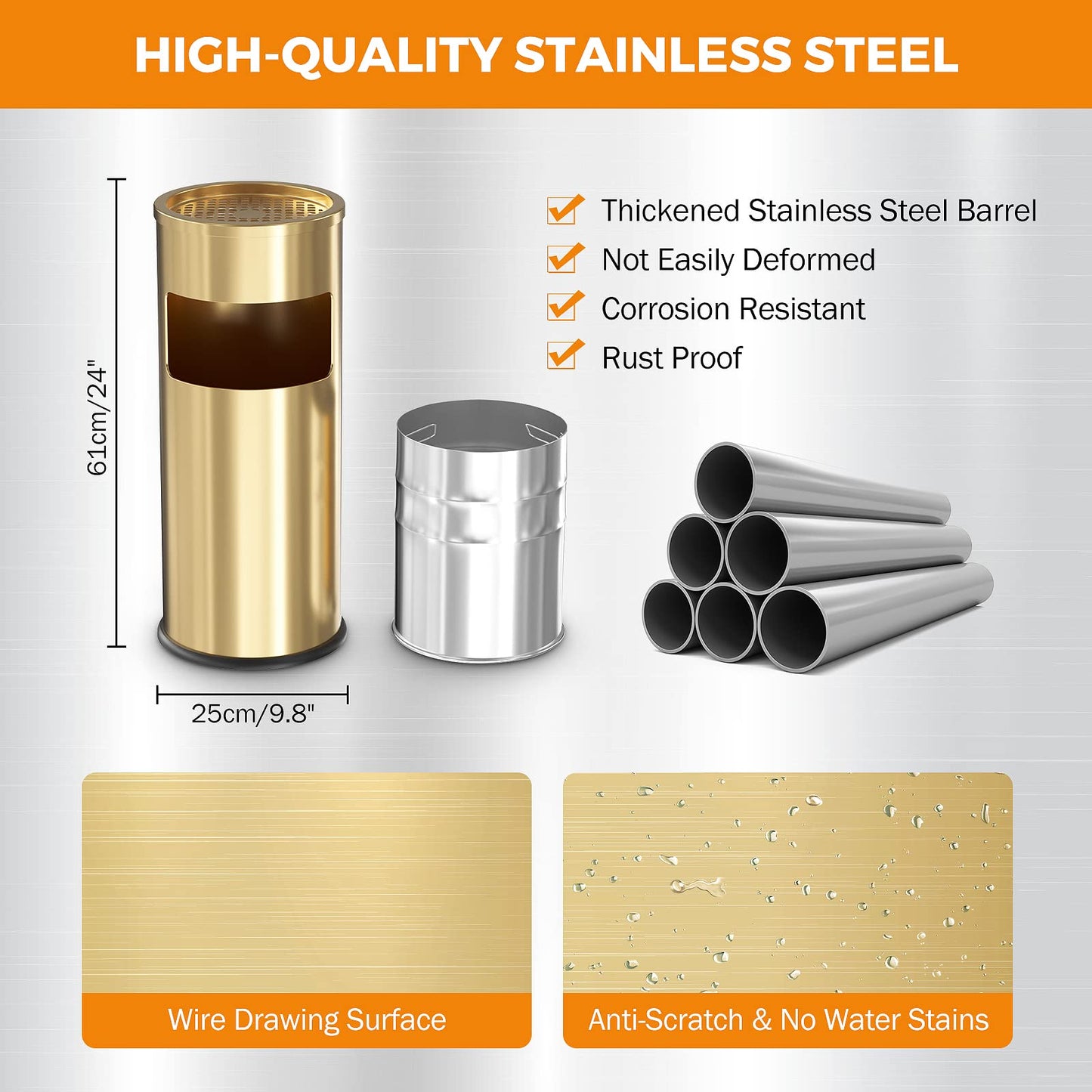 BEAMNOVA Matte Black 35.5 * 15.8 * 15.8 in Trash Can Outdoor Top Tray + Gold 9.8 * 24 in Stainless Steel Trash Can with Top Lid Tray