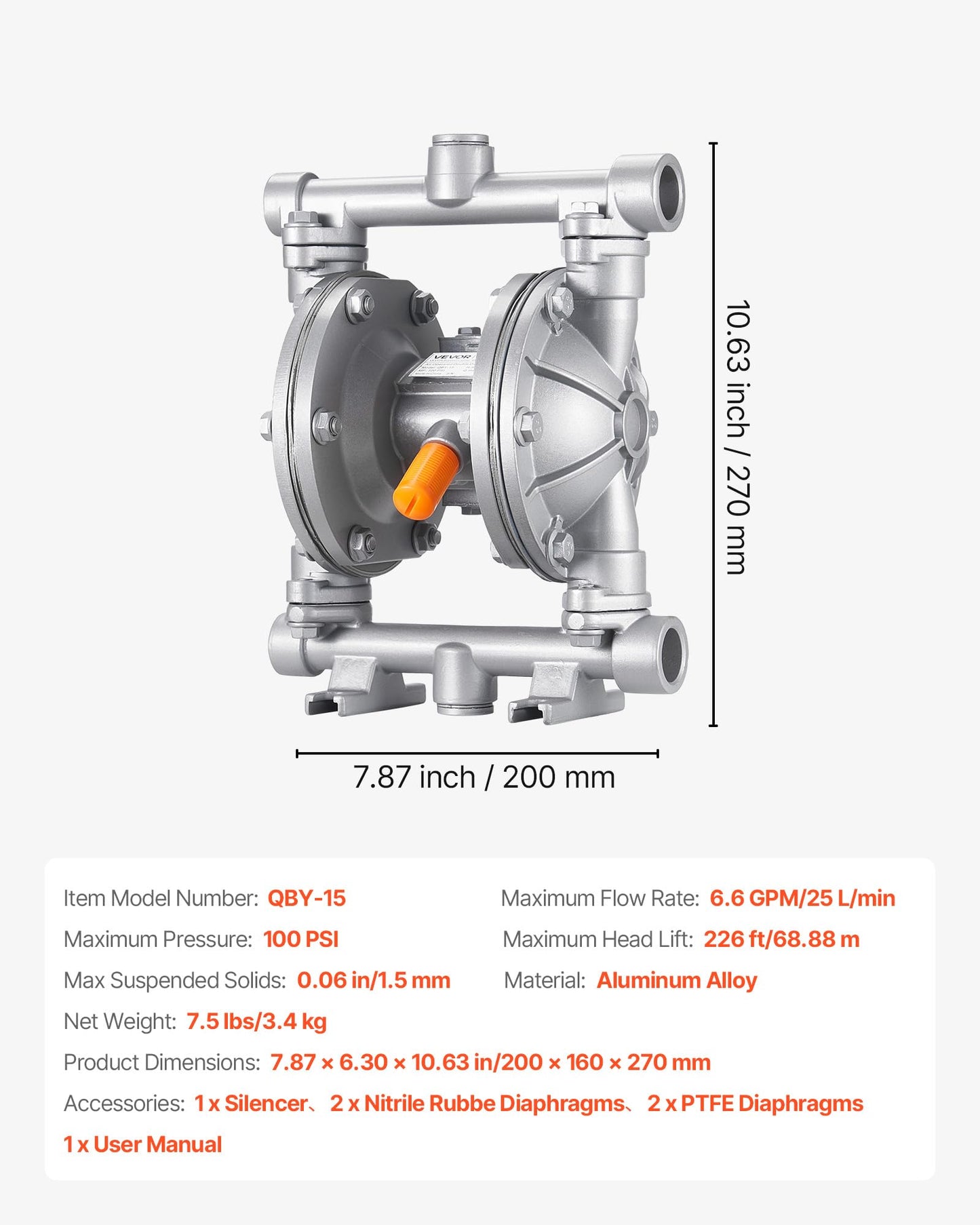 VEVOR Air Operated Double Diaphragm Pump, 6.6 GPM, 3/8 inch Inlet & Outlet Pneumatic Waste Oil Transfer Pump, Max 100 PSI, Aluminum Alloy Body, Air-Operated for Diesel, Grease, Kerosene, Gasoline