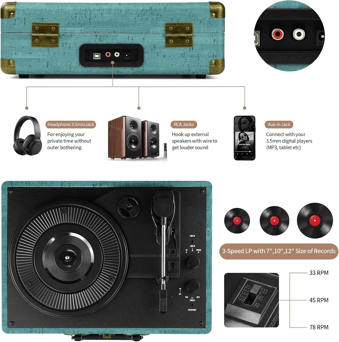 Mersoco 3-Speed 3.5mm MP3, Vinyl Record Player Bluetooth Suitcase Portable Belt-Driven, Supports Bluetooth, RCA Output