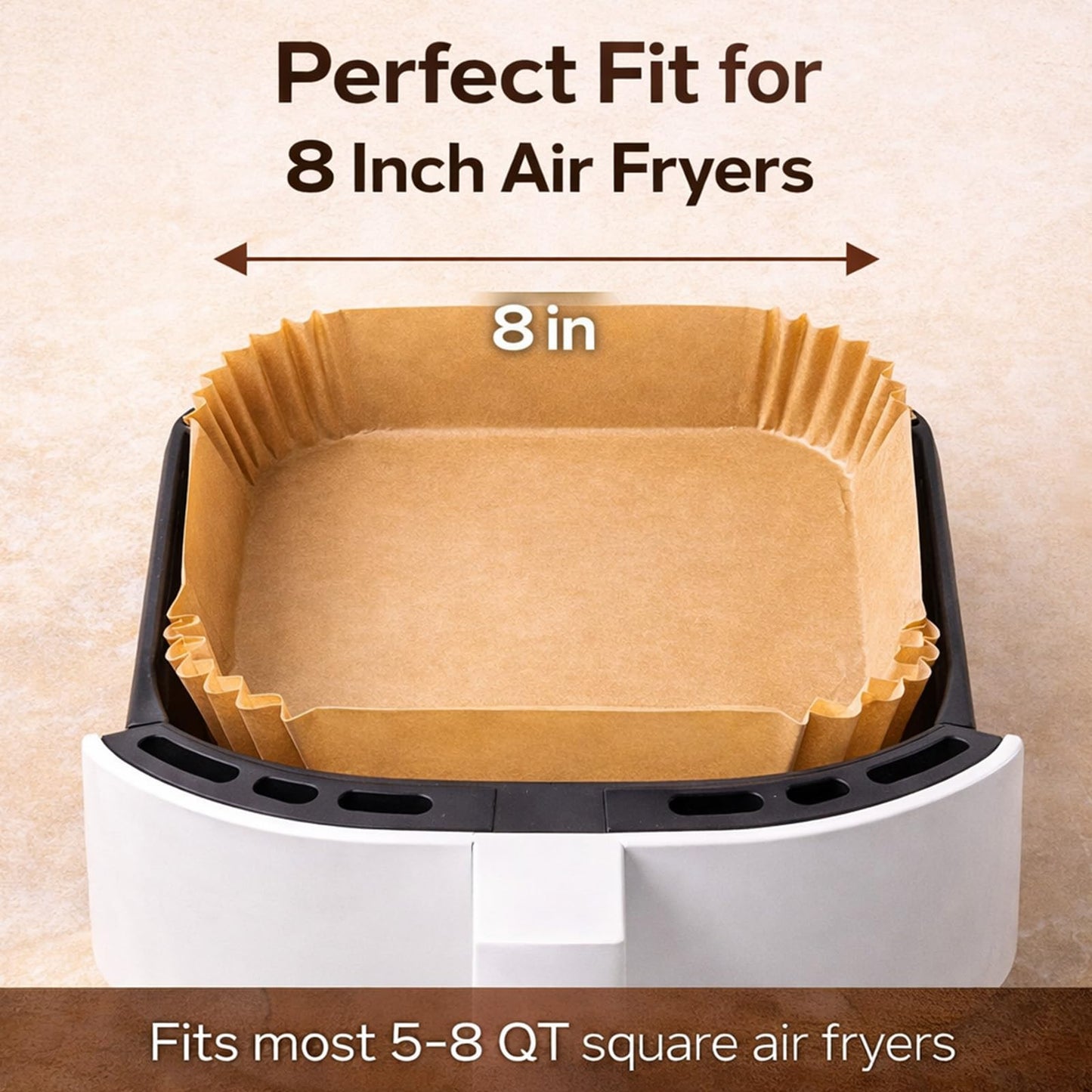 Air Fryer Paper Liners - 50PCS Square 8-inch Parchment Paper for 5-8QT Air Fryers, Non-Stick, Heat-Resistant to 450°F, Oil-Proof, Easy Cleanup, Food Safe