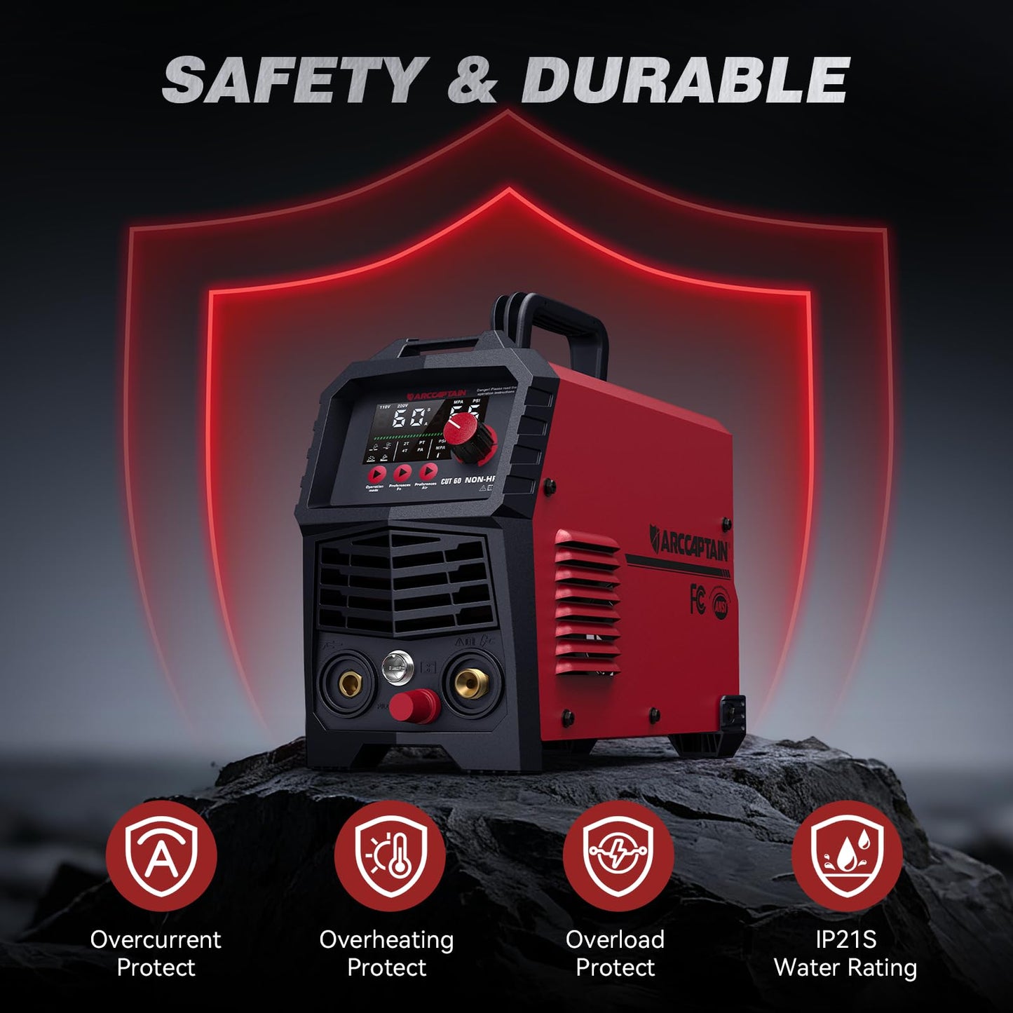 ARCCAPTAIN 60Amp [Non-HF] Plasma Cutter, Blow Back Pilot Arc Plasma Cutting Machine, 110V/220V, Upgraded Large LED Display, Plate Cutting, Expanded Metal, Rust Removal, Gouging, Air Pressure Detection