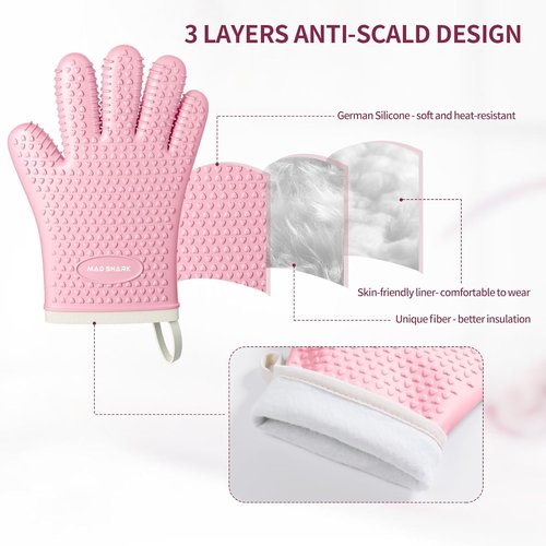 MAD SHARK Silicone Oven Mitts - Heat Resistant Up to 450°F | Waterproof & Non-Slip Design, Pink