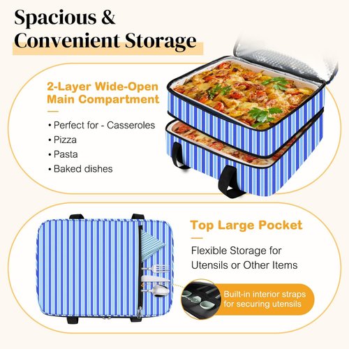 Coobiiya Insulated Casserole Carrier - Thermal Lunch Bag Keeps Food Hot or Cold | Fits 9" x 13" Dish