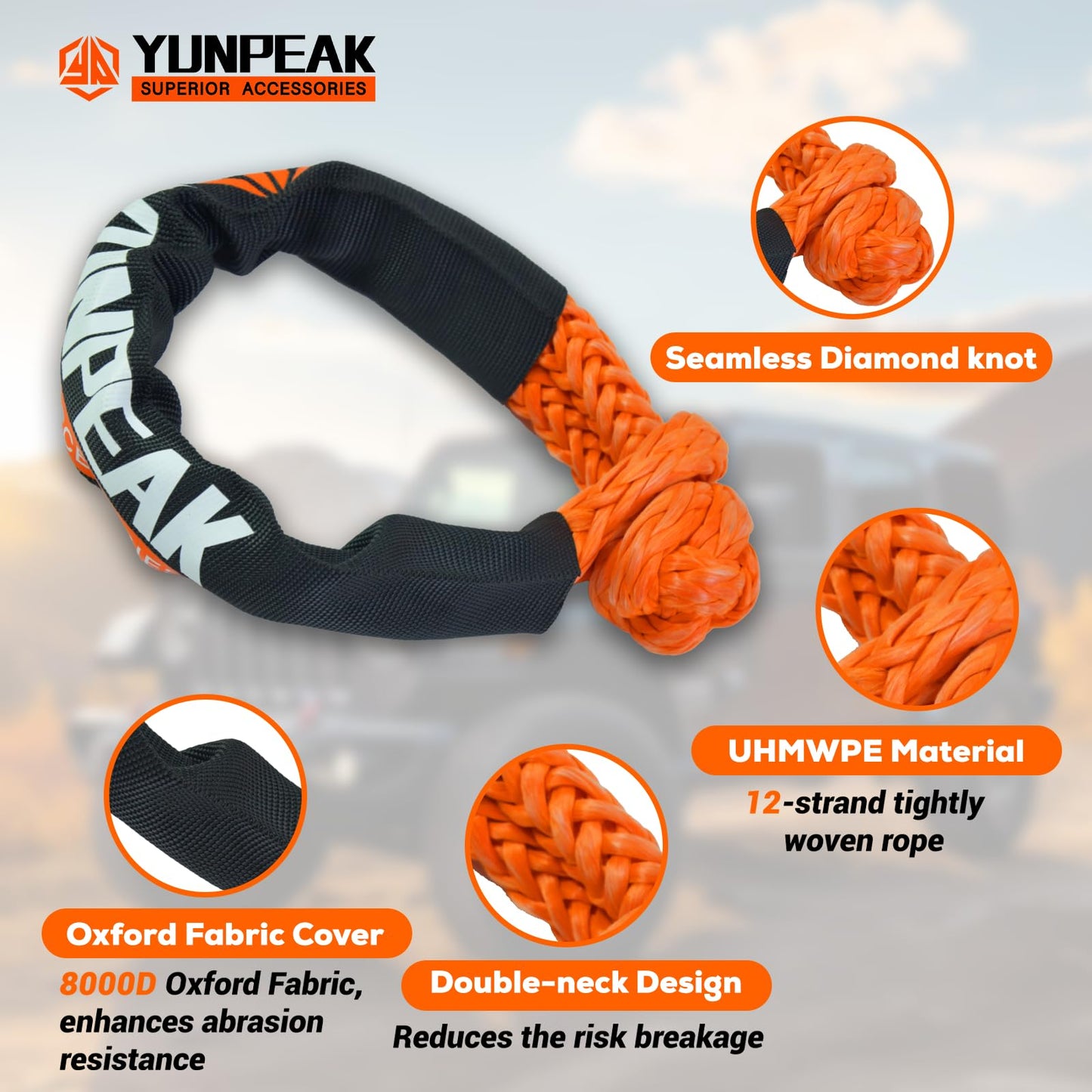 YUNPEAK 1.26" x 30ft Heavy-Duty Kinetic Recovery Rope – 56,000lbs Break Strength – Includes 2 Ultra-Strong UHMWPE Soft Shackles – Ideal for Trucks, SUVs, Jeeps, UTVs, ATVs & Tractors (Orange)