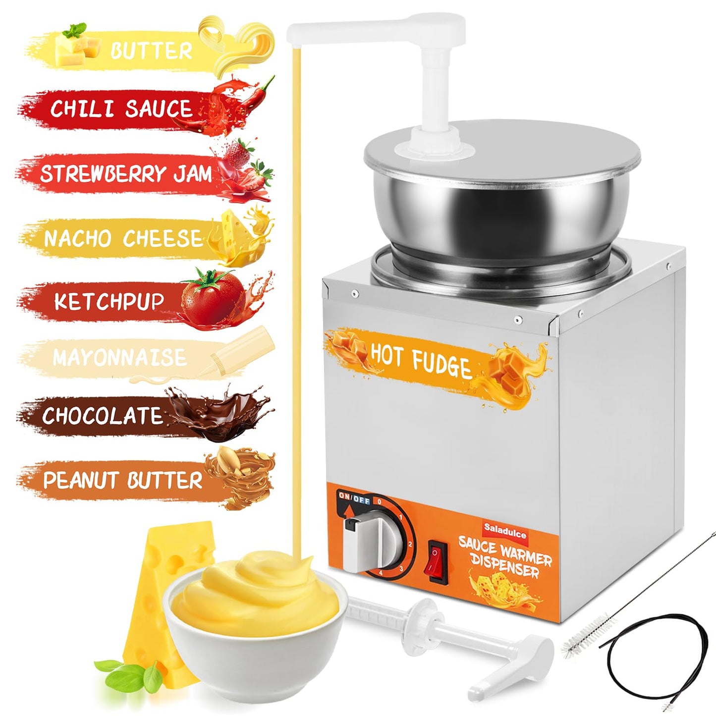 Saladulce Nacho Cheese Dispenser with Pumps, Nacho Cheese Warmer Hot Fudge Dispenser Warmer 5-Level Insulated Pump Dispenser for Sauce Cheese Fudge Caramel (4.2Quarts)