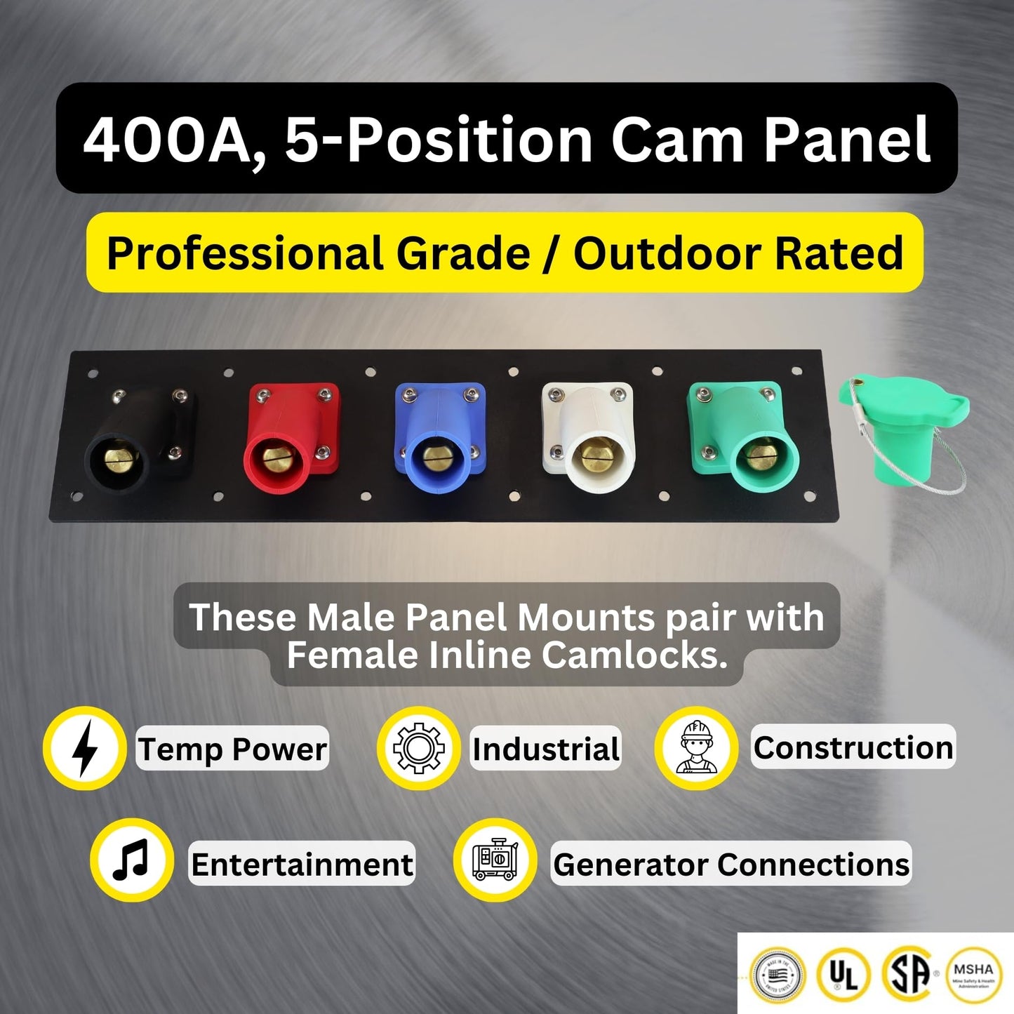 Power Assemblies 5 Position CAM Lock Panel, 400 Amp, 3 Phase 120/208V, Male, 45°, Double Set-Screw Connections with NEMA 3R Caps and Lanyards, Series 16 CAM Connectors, Power Distribution Panel