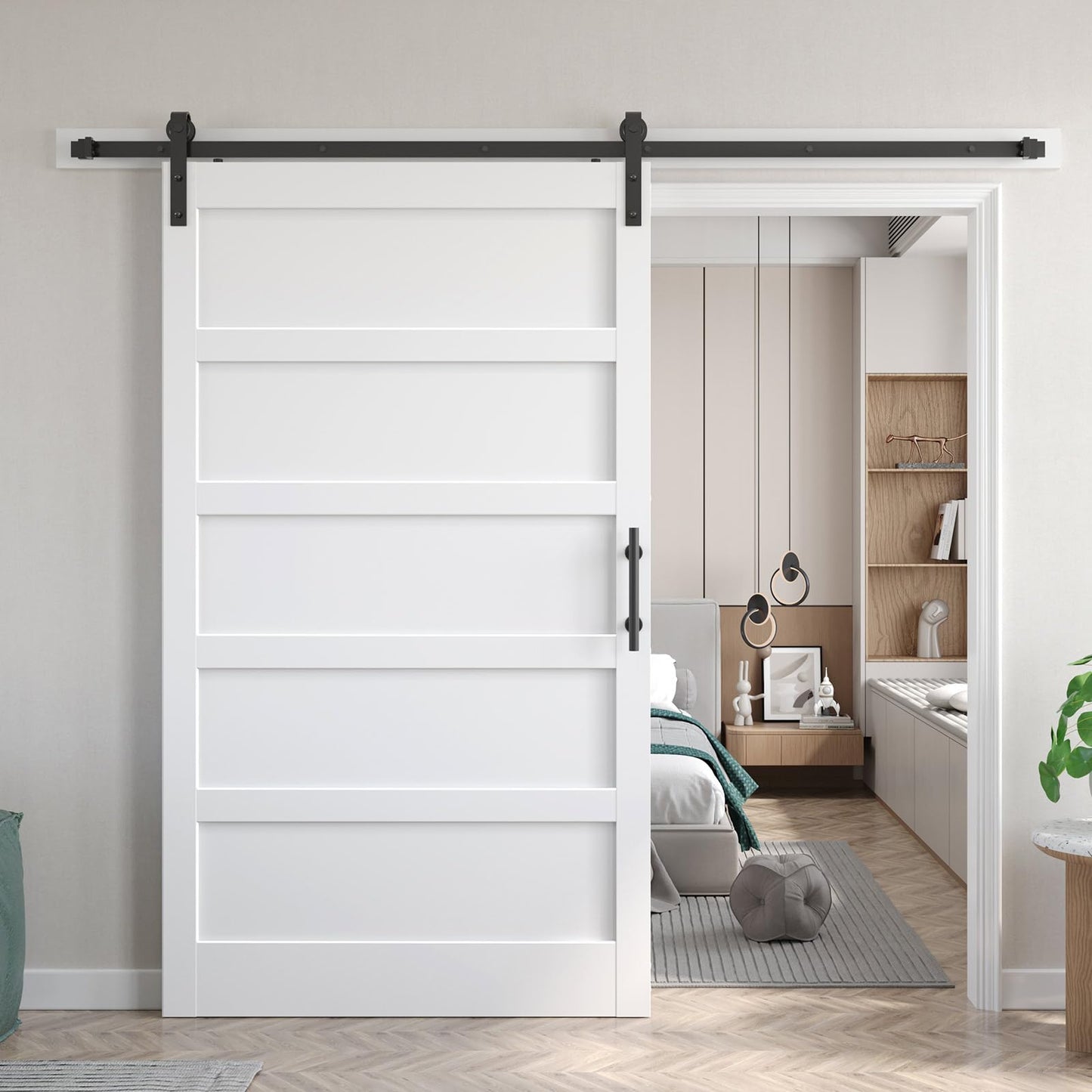 Fredbeck 48x80 inch White Barn Door with 8FT Sliding Barn Door Hardware Kit Included,DIY Assembly,Water-Proof,5-Panel，Fit 45in-47in Opening