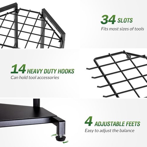 Garden Tool Organizer - Heavy Duty Metal Rack with 34 Compartments & 14 Hooks for Efficient Storage