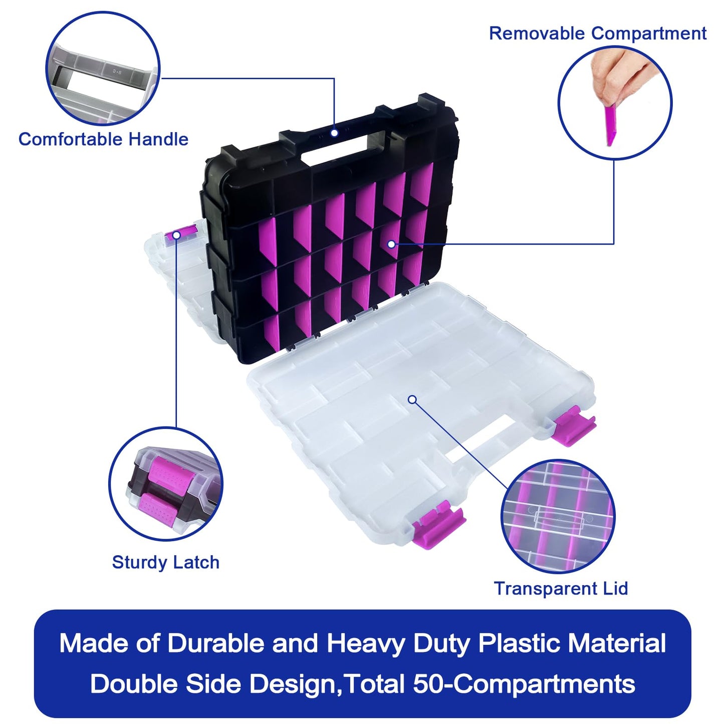 Tools Organizer Box Small Parts Storage Box 50-Compartment Double Side Hardware Organizers with Removable Plastic Dividers for Screws, Nuts, Nails, Bolts, Purple