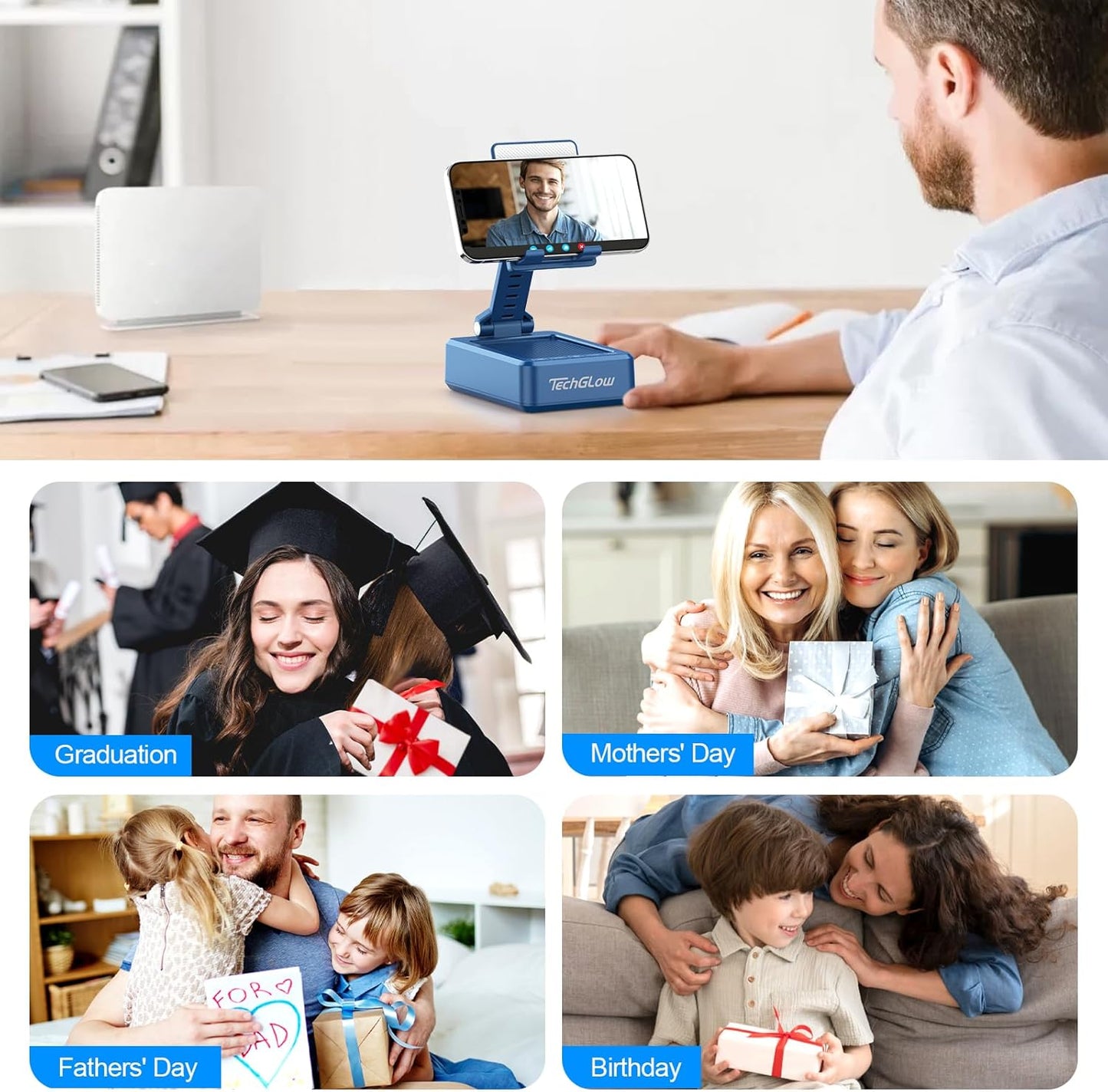 TechGlow Gifts for Men Women Foldable Cellphone Stand with Bluetooth Speaker and Charging Funtion Birthday Gift Idea