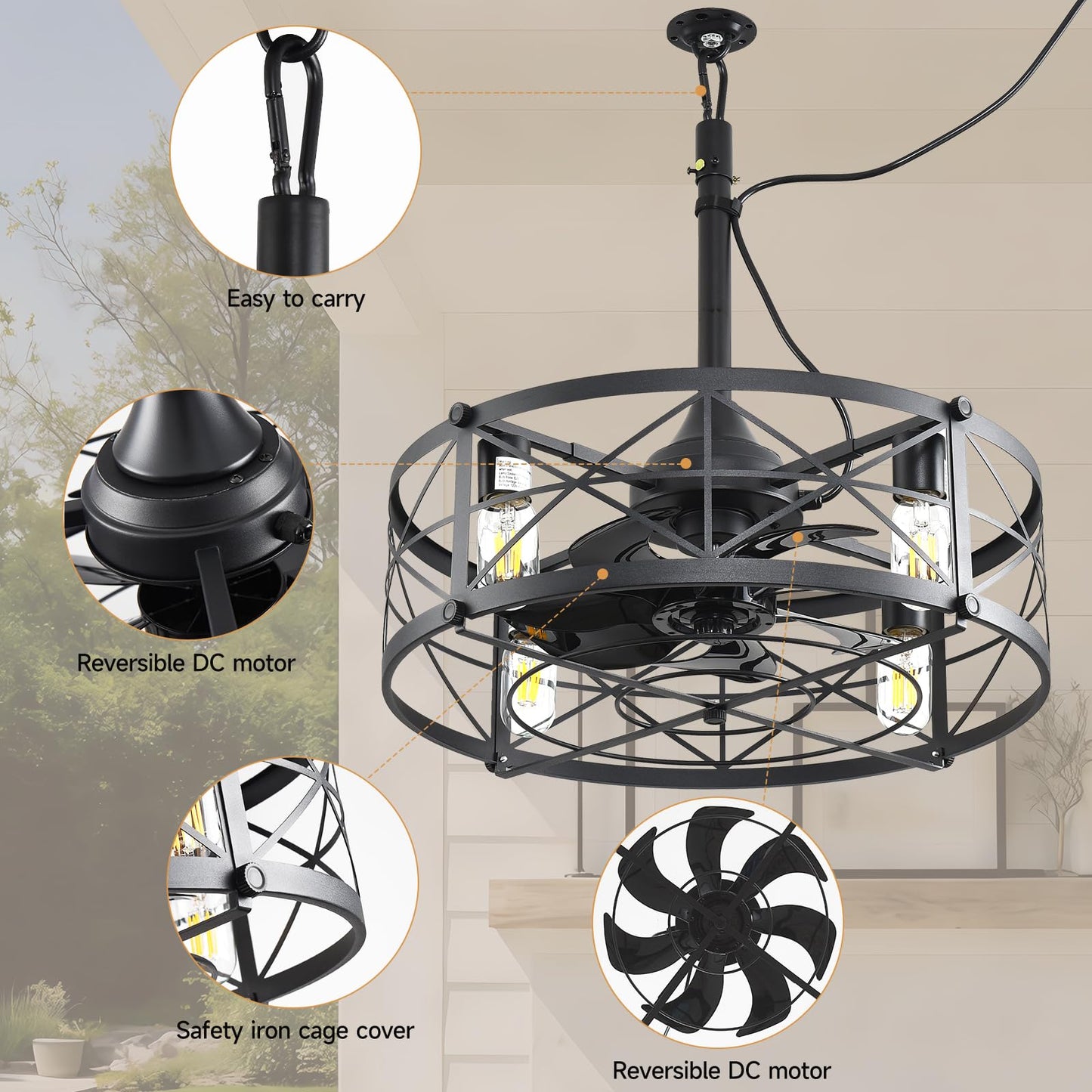 AHAWILL Outdoor Ceiling Fan with Light,20" Gazebo Fan Remote Control,Outdoor Hanging Fan,6 Speeds and Timing,Plug in Caged Ceiling Fan for Patio,Farmhouse,Porch,Pergola.Black