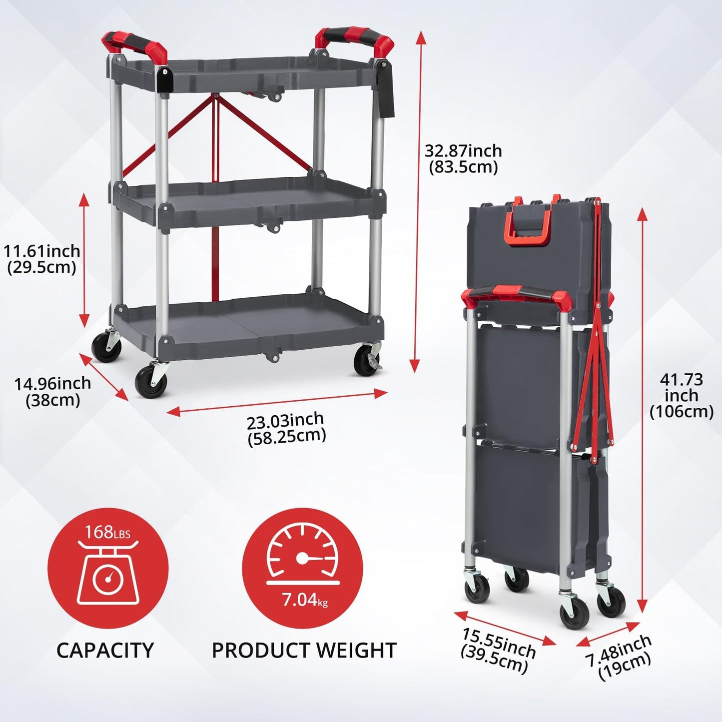 Foldable Utility Carts with Wheels, 3-Tier Holds Folding Rolling Cart with Fixed Rope, Pack-N-Roll Collapsible Service Cart for Home, Office, Garage, and Warehouse - No Assembly Required