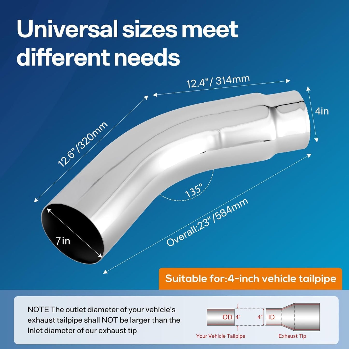 Drynochet Exhaust Tip,Universal Exhaust Elbow Pipe 4” Inlet 7" Outlet with Steel Clamp - Chrome/Black Finish for Cars & Trucks