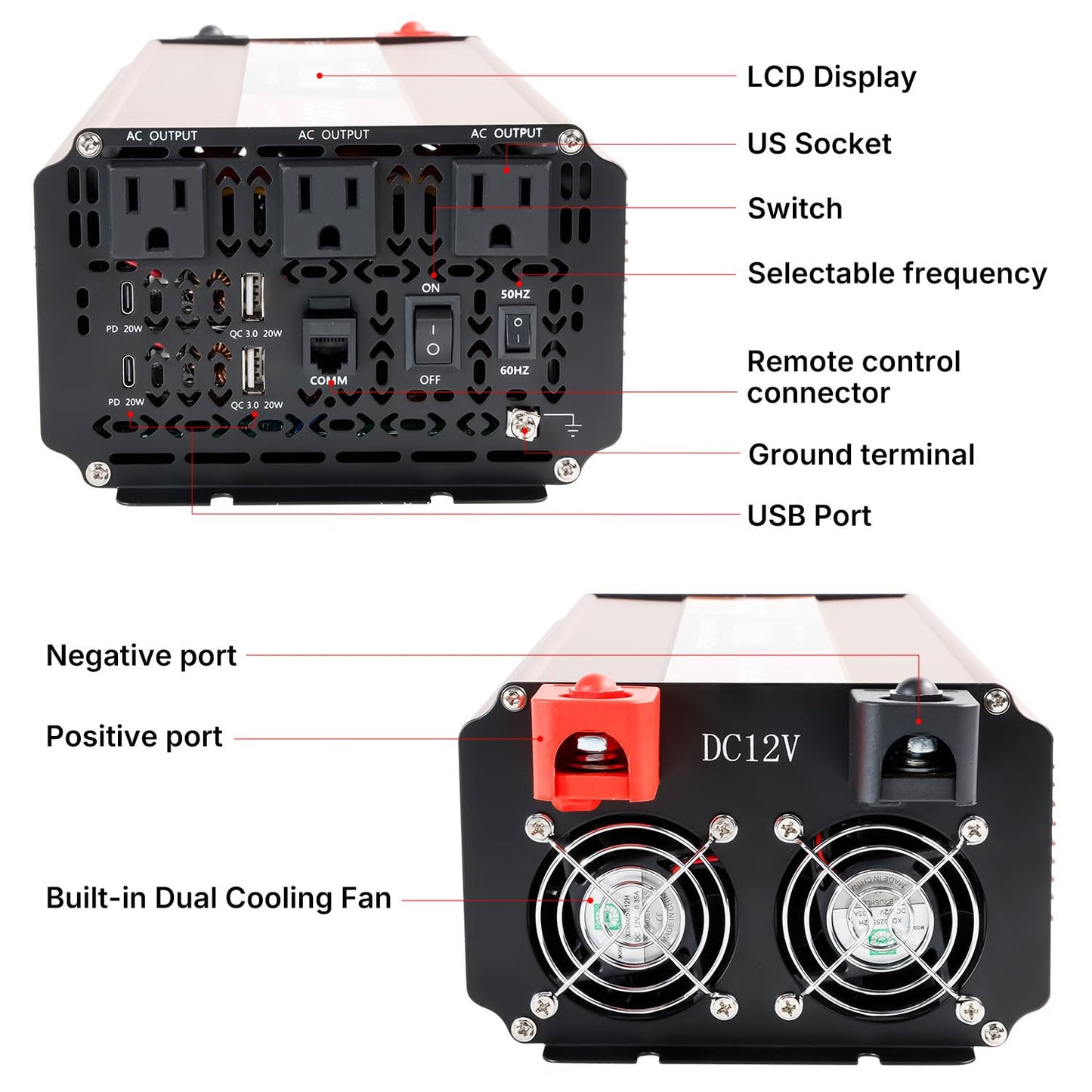 EFFORTWAY 3000W Pure Sine Wave Inverter, Inverter 12V DC to 110V/120V AC for RV, Outdoor, Home, Off-Grid, Inverter with 3 AC Outlet, Dual 20W USB-C, Dual 20W USB-A, Remote Controller