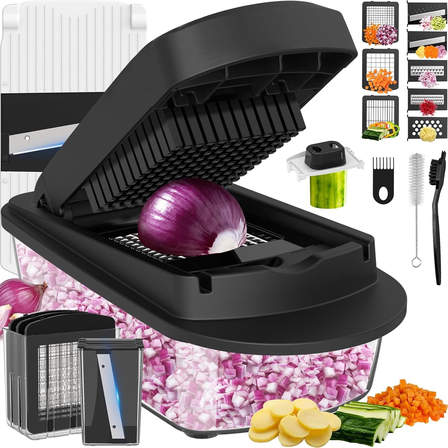 Skiennix 8-Blade Vegetable Chopper - All-in-One Mandoline Slicer with Container | Black Kitchen Gadget