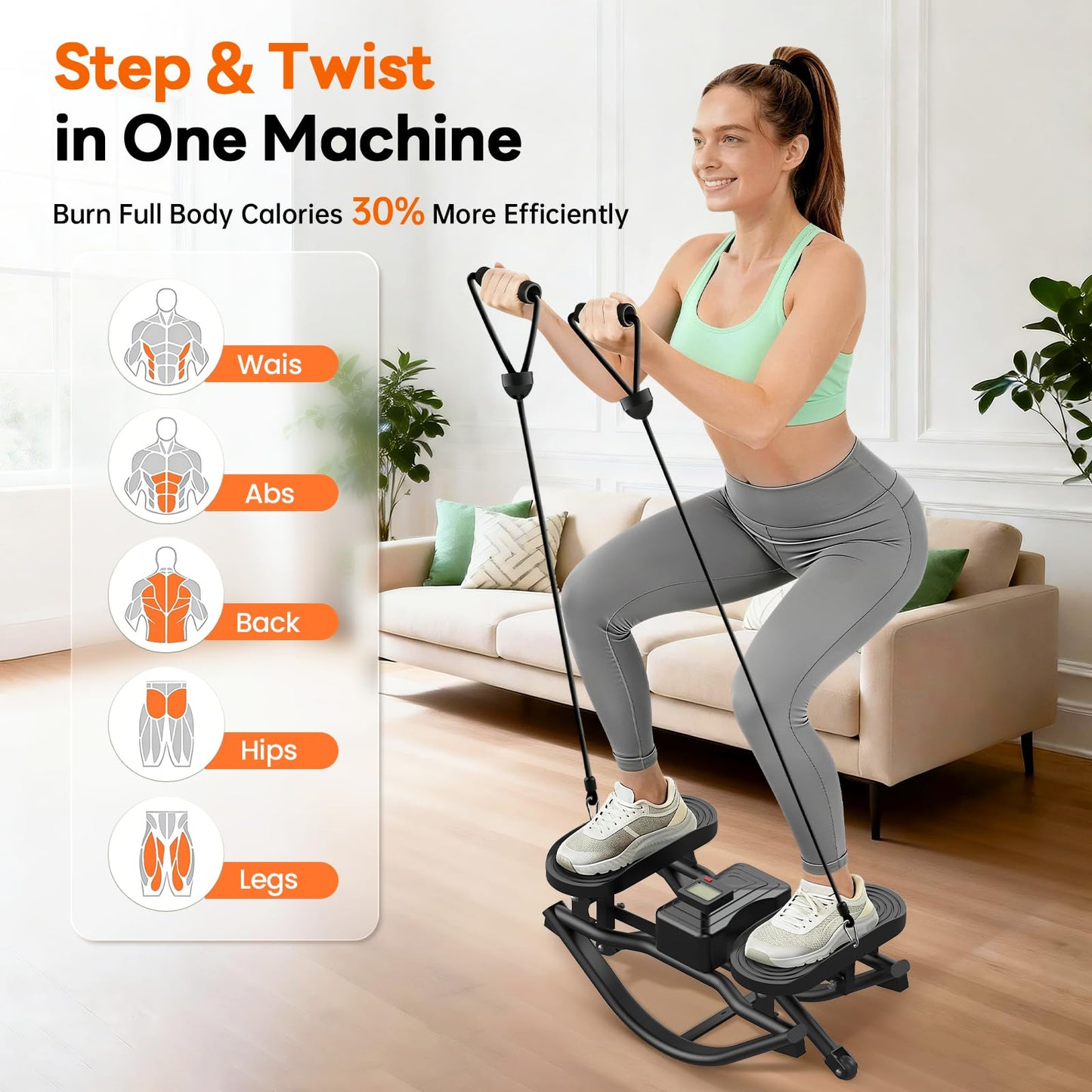 HXD-ERGO Rock Stepper with Elastic Resistance Bands, Side-to-Side Lateral Rocking Motion, Digital Display & High-Capacity Design for Home Leg GluteWorkout