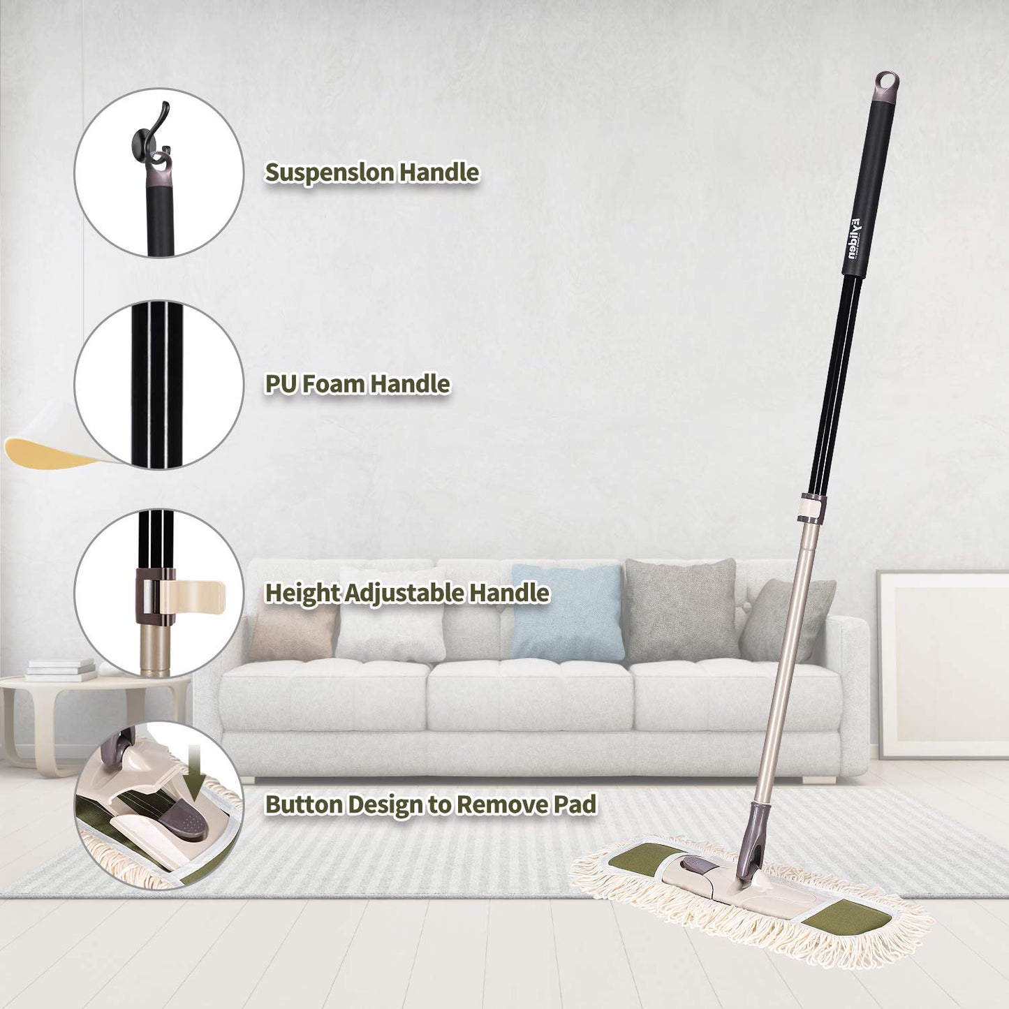 Eyliden Dust Mop with 2 Washable Pads for Hardwood & Tile Floors | 32.9"-52.6" Adjustable Handle, 360° Swivel, One-Touch Pad Release | Wet Dry Floor Cleaning Push Broom