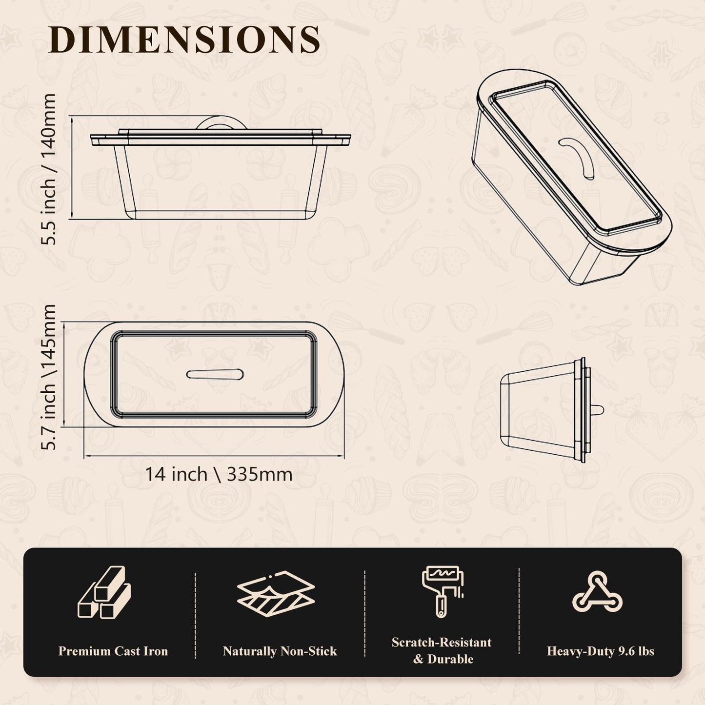 Cast Iron Dutch Oven Bread Loaf Pan with Lid, 14 x 5.5 Inch 3.2QT Pre-Seasoned Pan for Sourdough Baking, Includes Baking Supplies for Homemade Artisan Bread, Heavy Duty with Even Heat Distribution