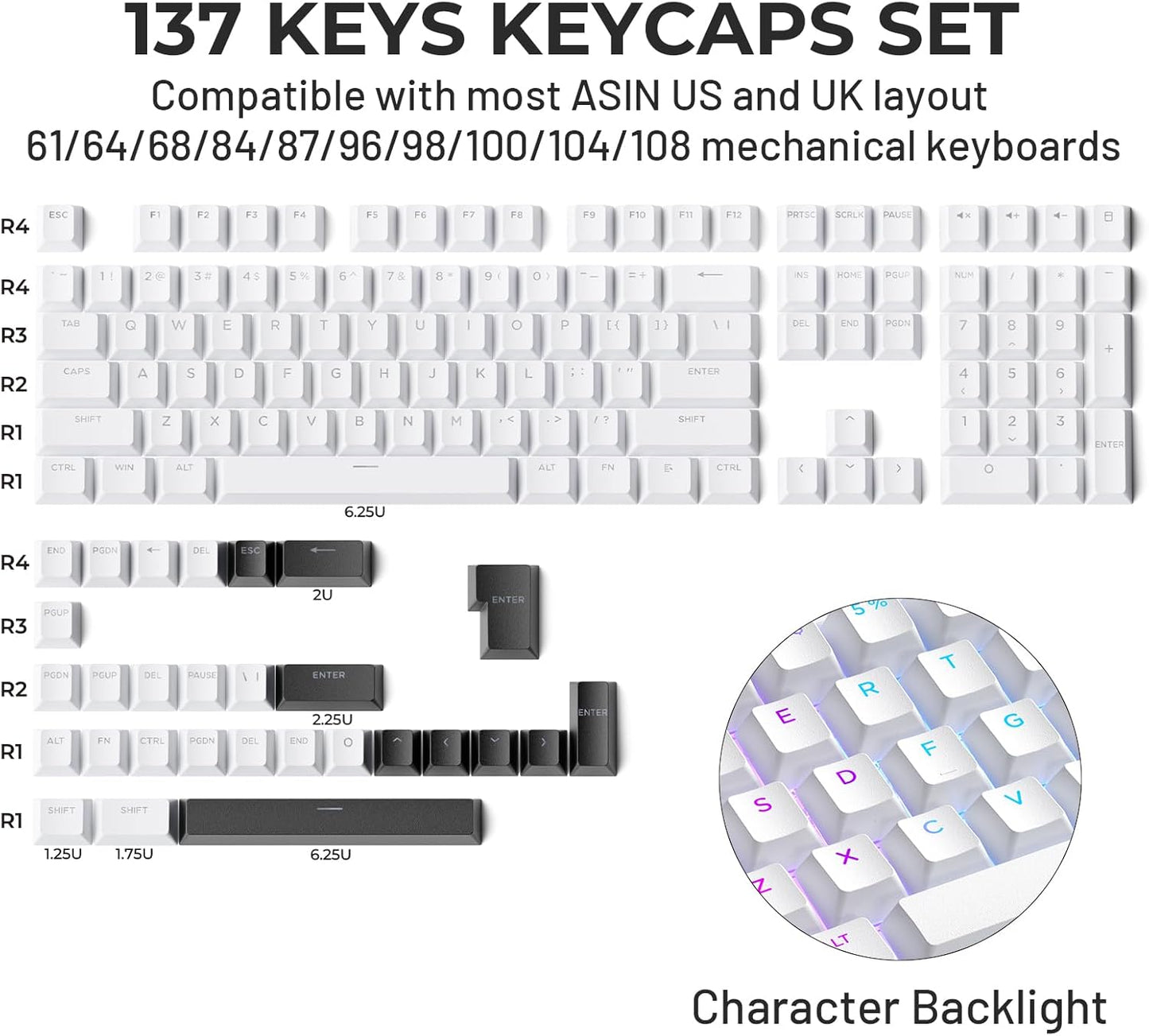 SDYZ 131 Set, x XVX Doubleshot PBT Keycaps for Mechanical Keyboards - Shine Through Keycaps, Full Key OEM Profile