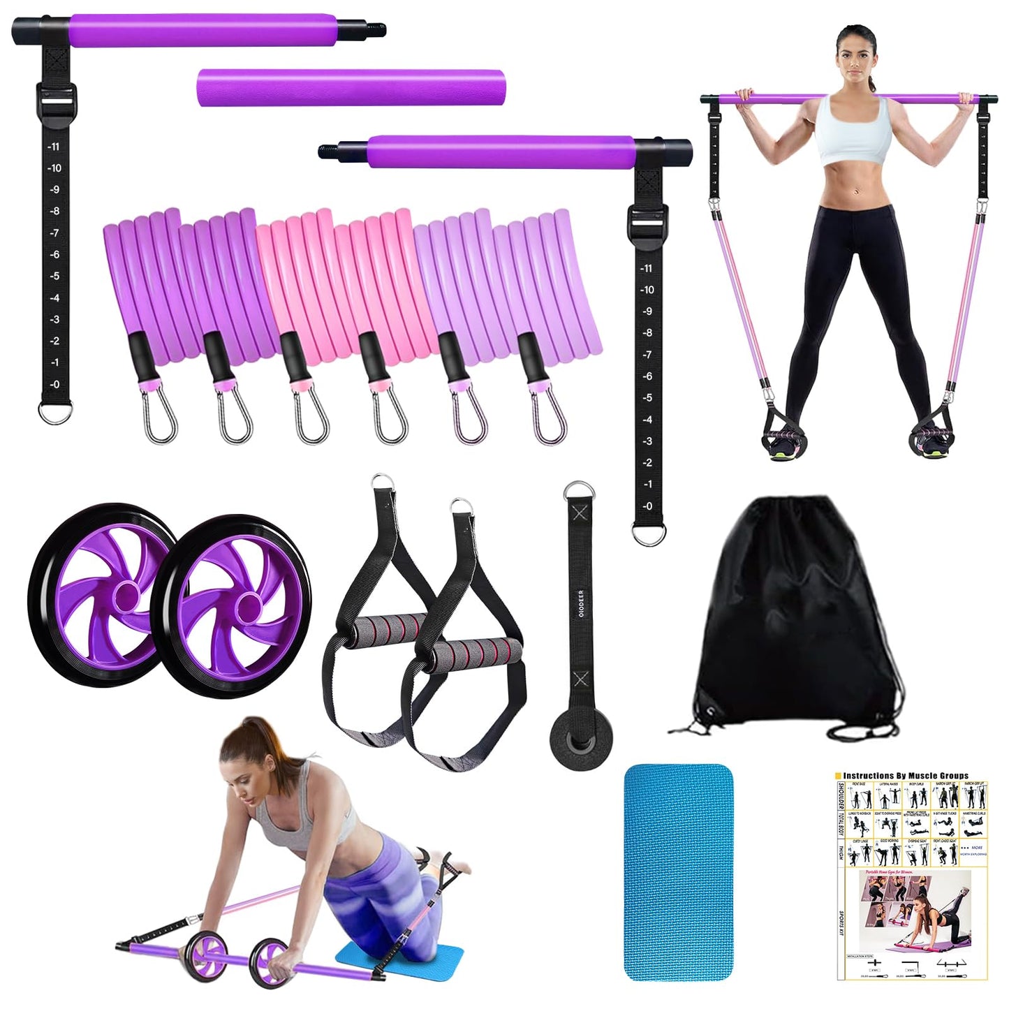 Pilates Bar Kit with Resistance Bands for Working Out, Pilates Equipment with Ab Roller for All Fitness Levels, Portable Home Gym Full Body Workout Equipment for Women&Men