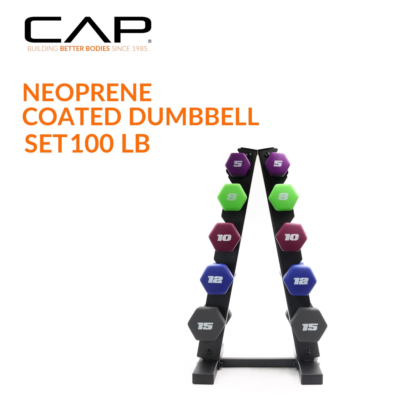 CAP Barbell 100 LB Set of Neoprene Dumbbells with Rack Color Series | 5, 8, 10, 12 and 15 LB pairs