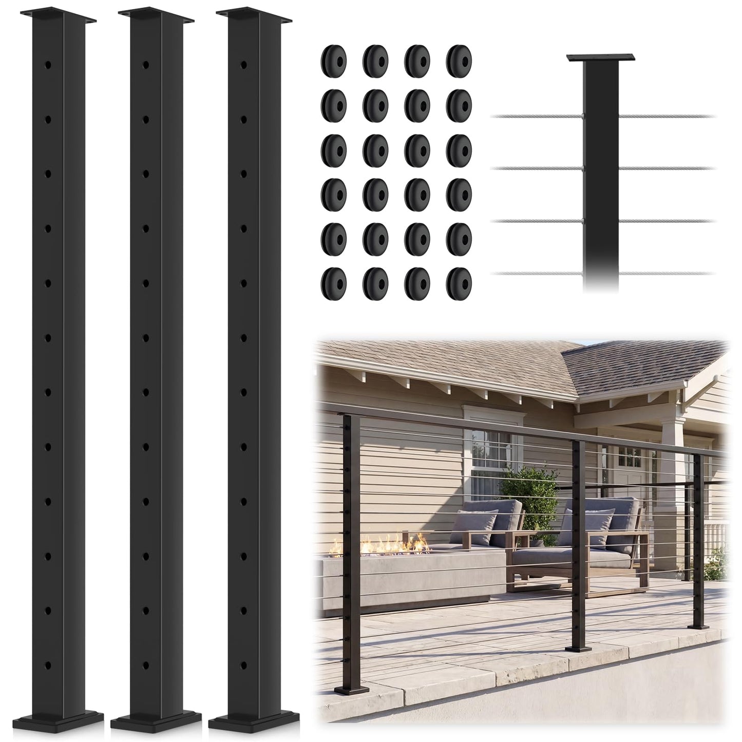 Gyykzz 42" Black Cable Railing Posts, 3 Pack Flat Top Level Drilled Railing Line Post Kit System, Stainless Steel T304 Horizontal Hole Deck Railing Handrail Post for Commercial & Residential Project