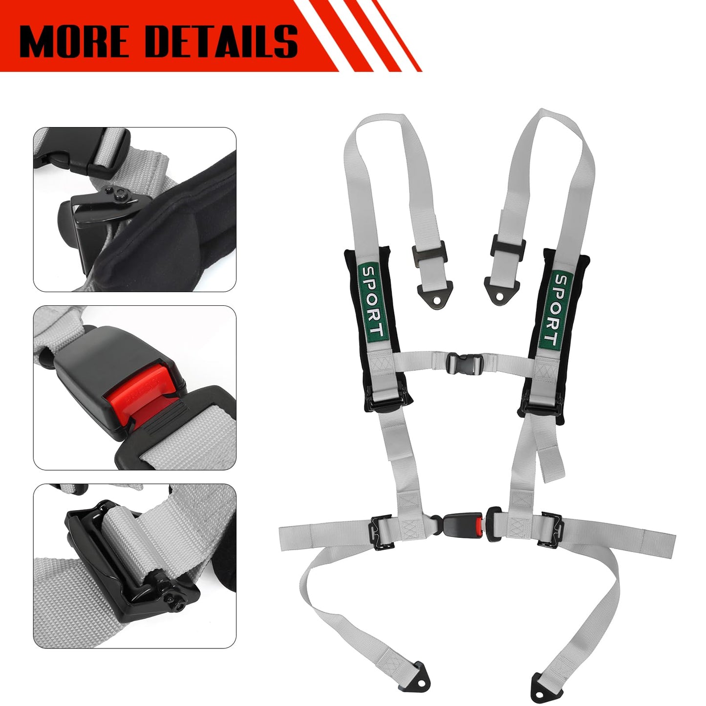 BESTZHEYU 4 Point Harness SFI with 2 Inch Heavy Duty Shoulder Padding with Quick Auto buckle for UTV ATV Sports Car, Racing Car, Car Silver Racing Harness 2 PCS