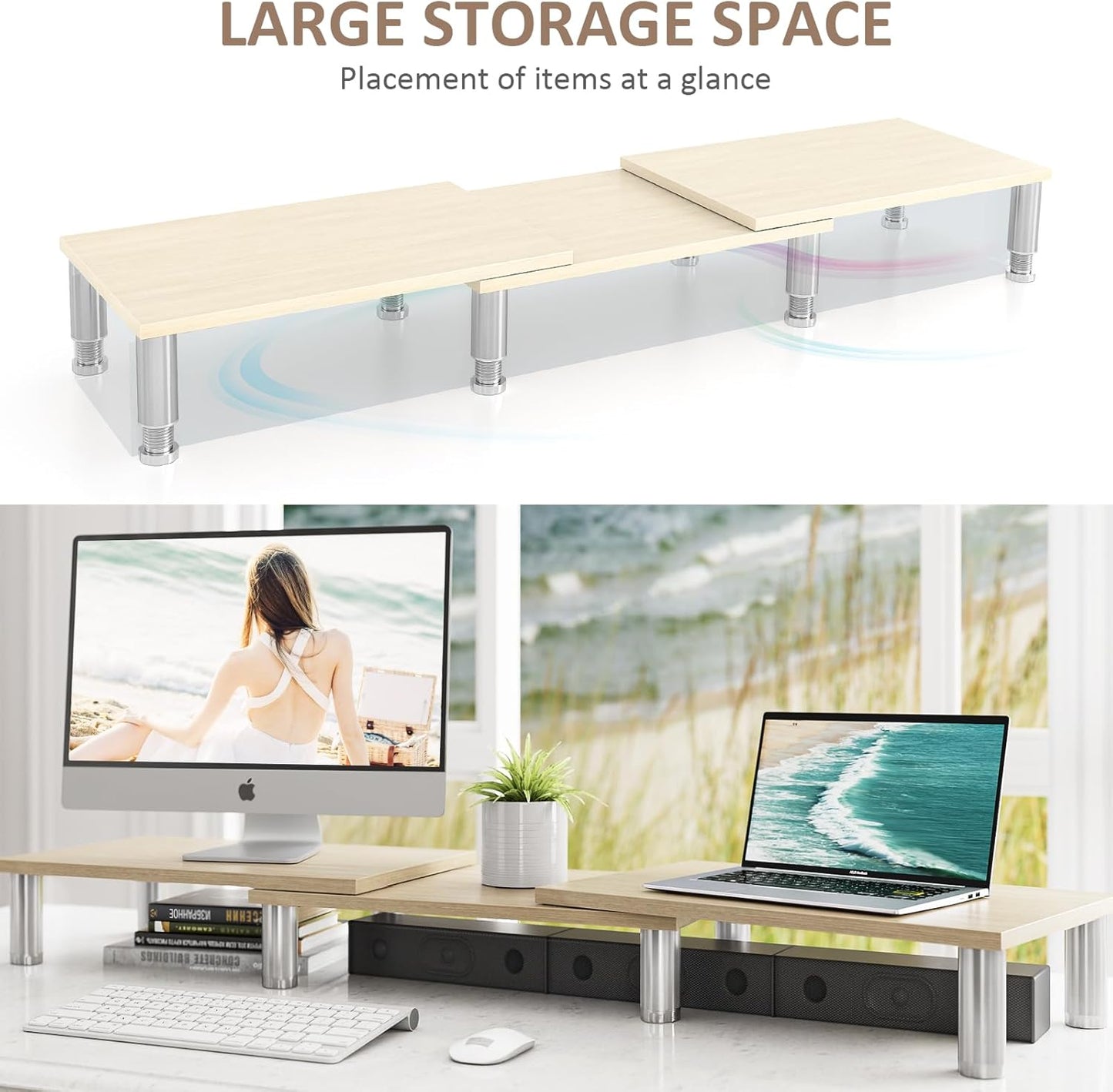 2 AX Waber Dual Monitor Riser - Adjustable Length & Angle, Wooden Stand for Monitors with Storage