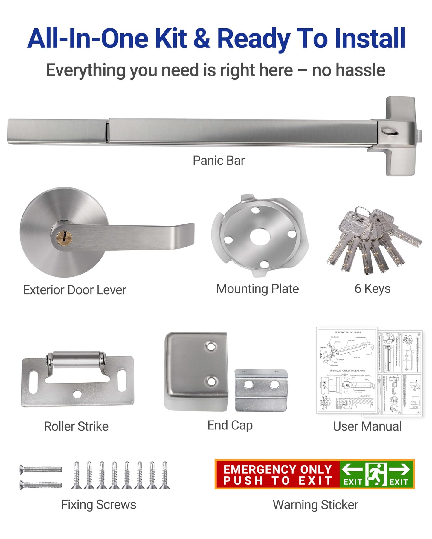 Polar Tangro 31" Commercial Door Push Bar with All 304 Stainless Steel Tail Cover, Grade 1 Panic Exit Device with Exterior Lever Handle & 6 Keys, Heavy Duty Emergency Hardware for Metal/Wood Doors