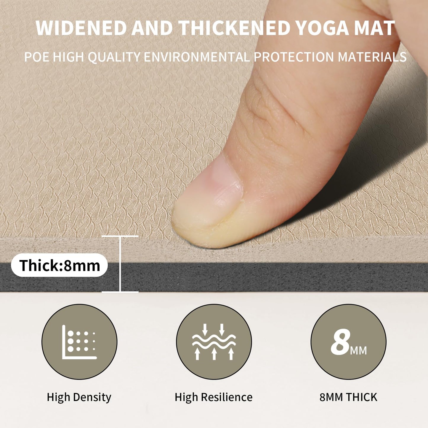 8mm Large Yoga Mat (6'x 4') - Extra Long and Wide 72 x 48 x 0.32 inches, Non-Slip POE Fitness Mat, Eco-Friendly, Thick Wide Exercise Mat for Home Workouts,Ideal for Yoga and Pilates. (Beige+Black)