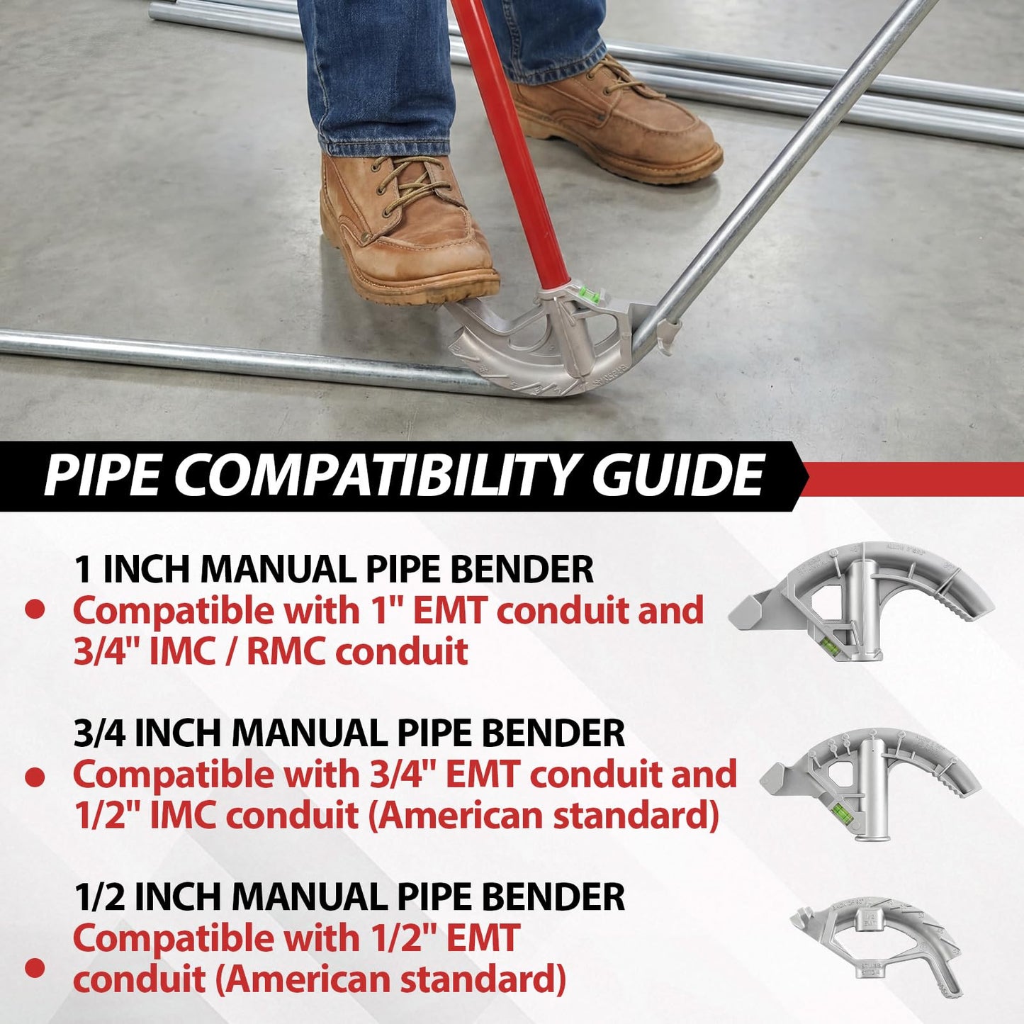 Otoolling 3 Set Aluminum Conduit Pipe Bender for 1/2" & 3/4" & 1" Emt Pipe, Imc Tube, Rmc Tube & Rigid Bending Tool with Foot Pedal & Degree Marks, Manual Hand Metal Bender