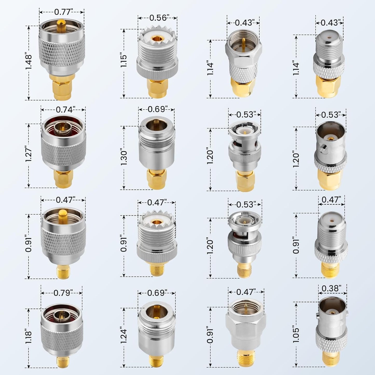 16pcs Anina RF Coaxial Adapter Kit UHF/BNC/N/F to SMA Male/Female Connectors for Ham Radio, Antenna, CCTV, WiFi, GPS