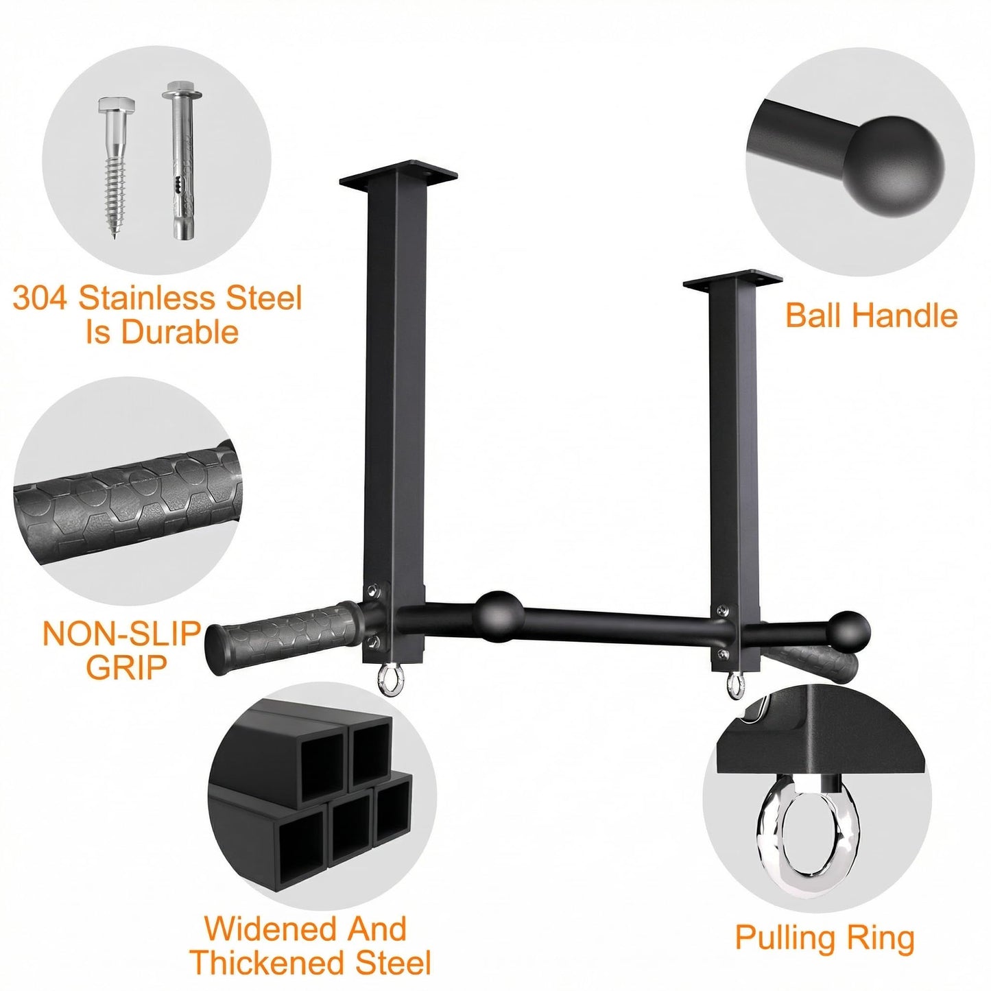 HWOOUSA Pull Up Bar Ceiling Mount, 600LBS Heavy Duty Multi Grip Chin Up Bar, 16" Rafter PullUp Bar, Ceiling Beam for Gym/Garage/Basement with Ball Finger & Round Anchors, Easy to Install-Black