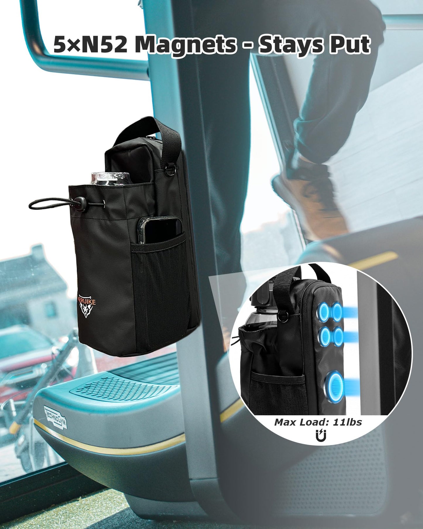 KERUIKE Magnetic Gym Bag For Men Women Magnetic Gym Water Bottle Bag with Phone Pocket Water Bottle Holder for Gym & 5 N52 Strong Magnets Gym Accessories Small Gym Bag for Gifts Sports Garage