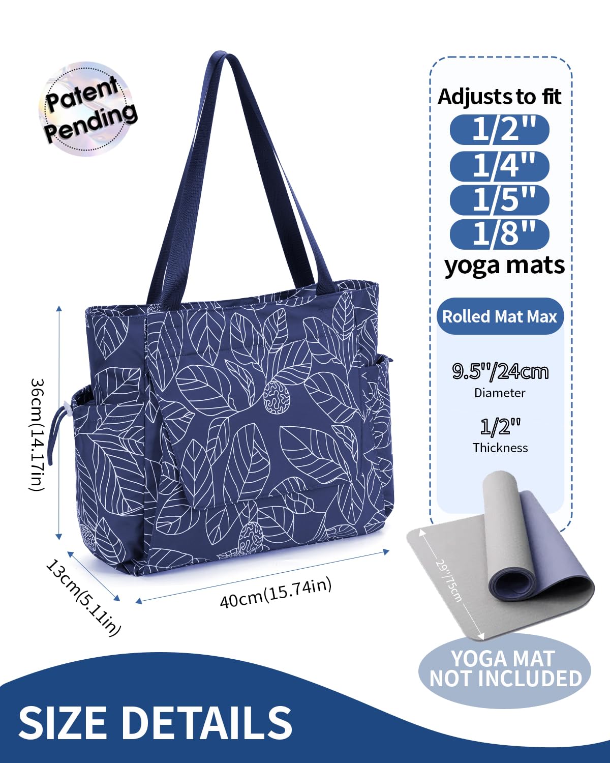 sportsnew Yoga Mat Bag Tote Yoga Gym Bag For Women Men with Waterproof Wet Pocket, Navy Blue Leaves