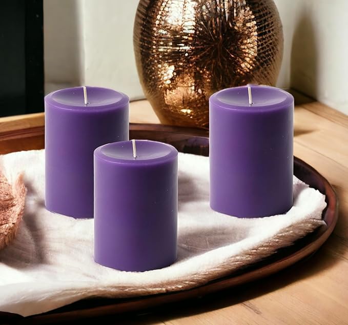 Mister Candle Dripless Unscented Pillar Candles, Set of 3 Hand Poured Solid Color Non-Scented Candles for Home Decor, Premium Wax, 60 Hr Burn Time - 3x4 Inch, Purple