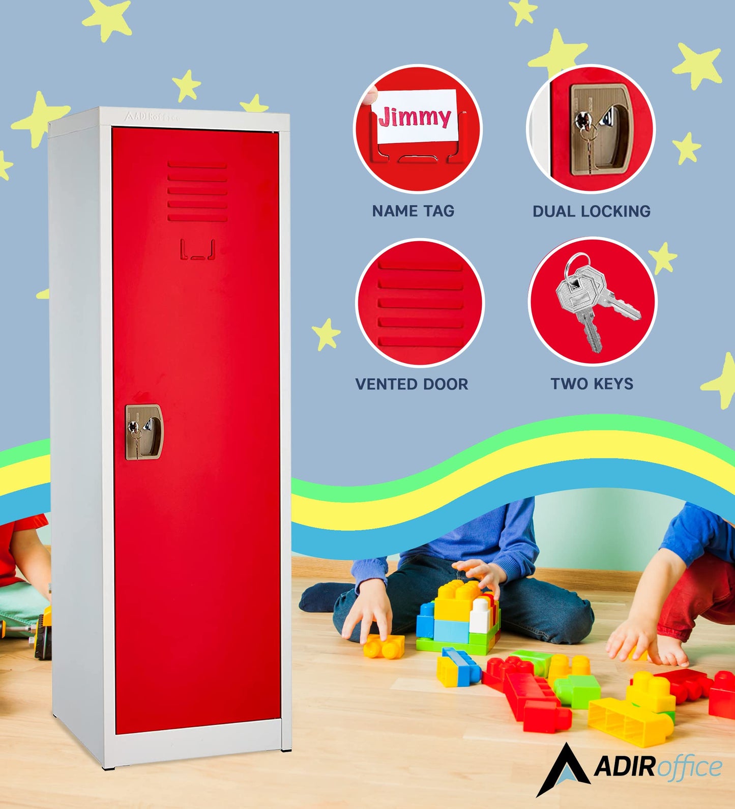 AdirOffice Kids Steel Metal Storage Locker - for Home & School - with Key & Hanging Rods (48 in 1 Door, Red)