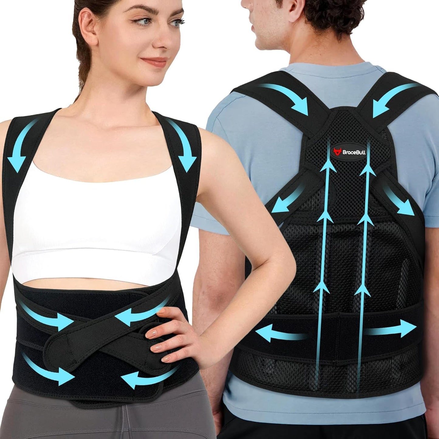 BraceBull Posture Corrector for Men and Women, Upper Back Support Brace with Adjustable Shoulder Straps for Comfortable Posture Training – Invisible Under Clothing (Large 35.4-41.3‘’)
