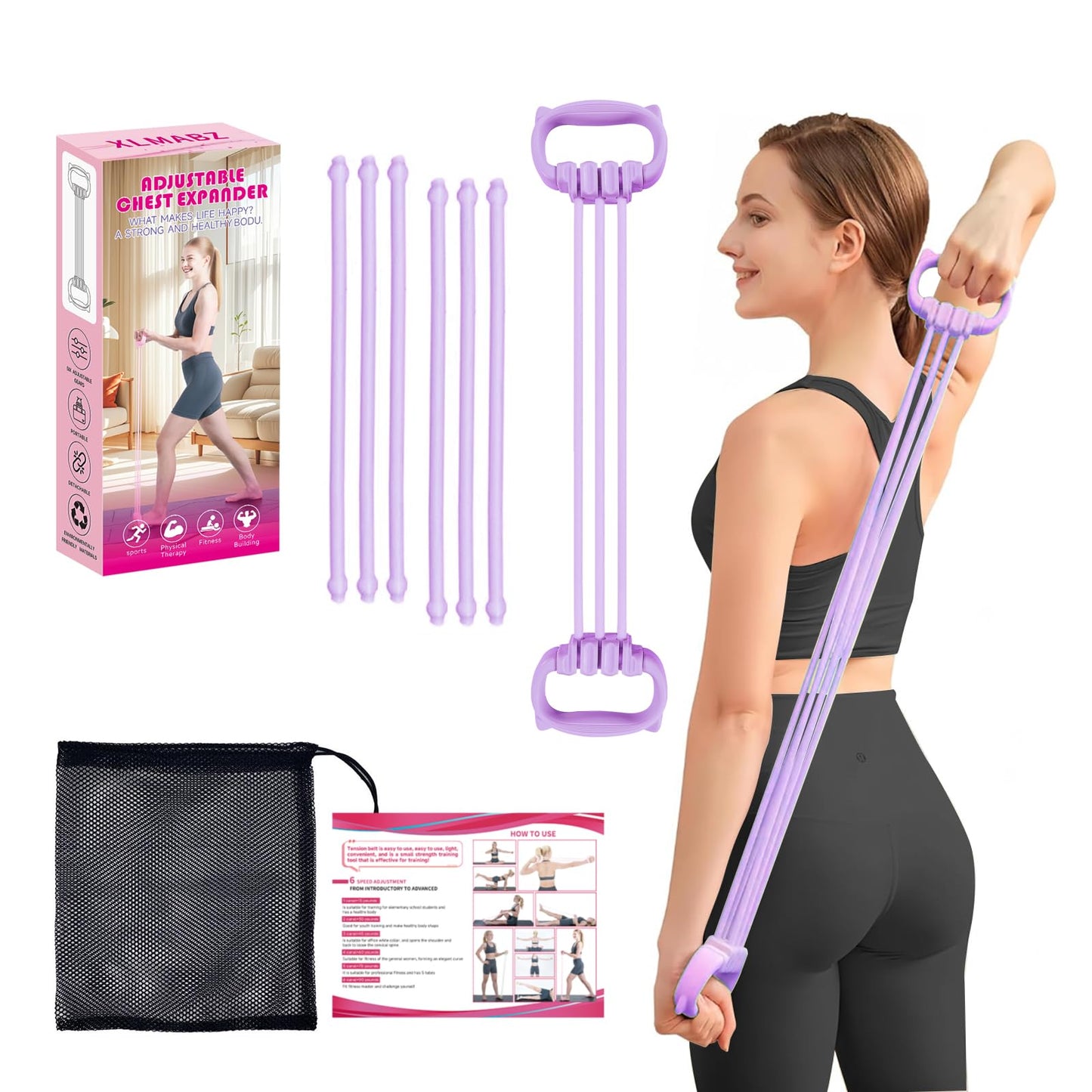 XLMABZ 6 Gear Adjustable Resistance Bands, Fitness Resistance Bands Exercise Bands with Comfort Grips, Unisex, for Arms, Chest Extender, Home Workout, Fitness, Pilates (Purple)